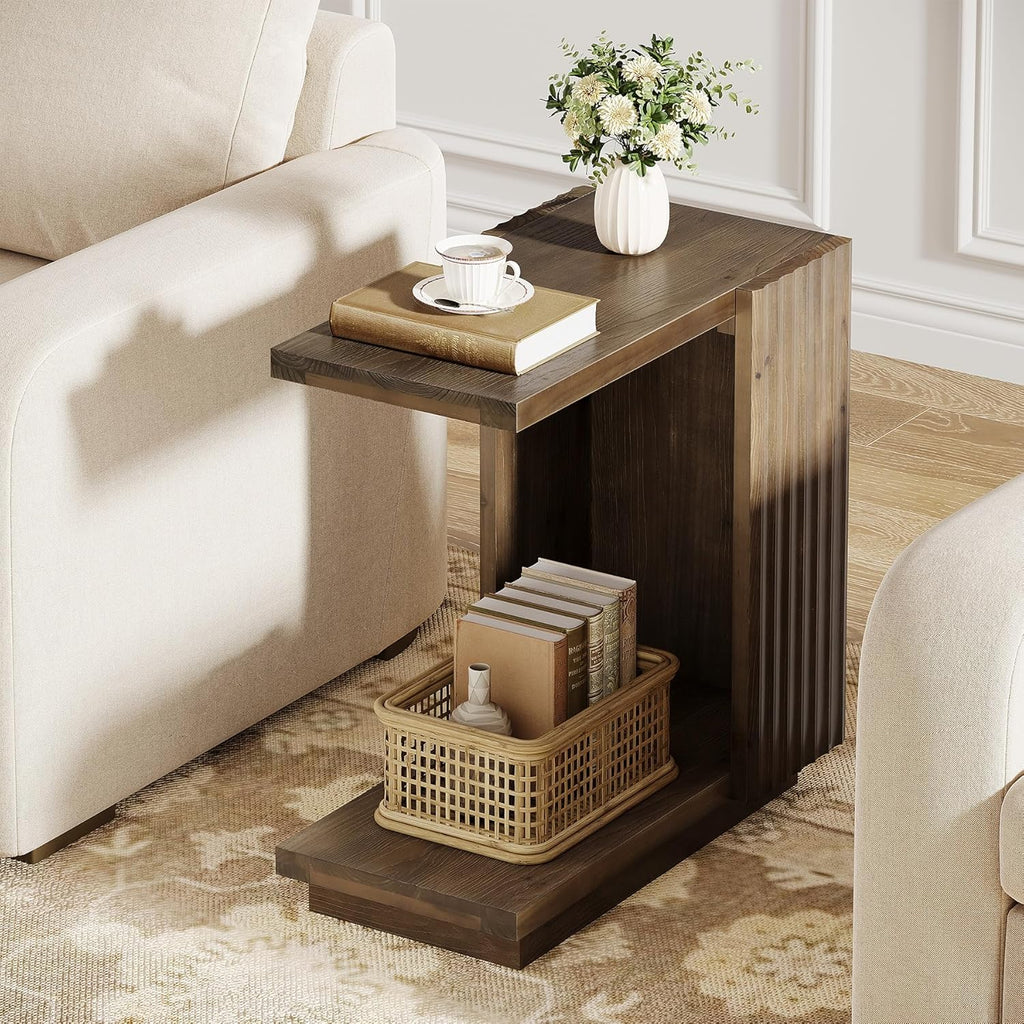 Solid Wood Side Table, C Shaped Narrow Sofa End Table with Fluted Panels and Storage Shelf, Space-Saving Small Nightstand for Small Spaces, Living Room, Bedroom, Vintage Brown