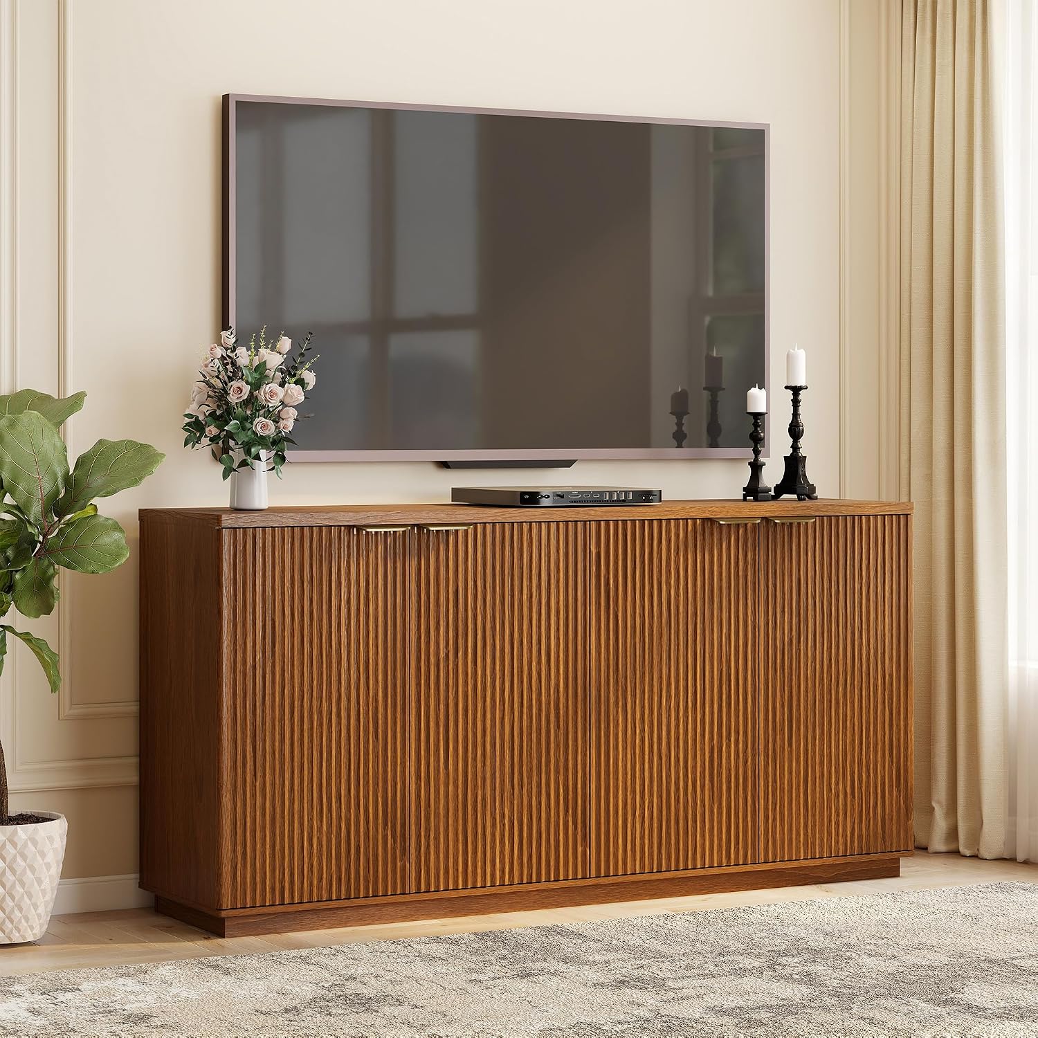 Fluted Sideboard Buffet Cabinet, 63" Wooden Credenza Storage Cabinet with 4 Doors and Adjustable Shelves, Fluted Sideboard Cabinet for Kitchen, Living Room, Brown