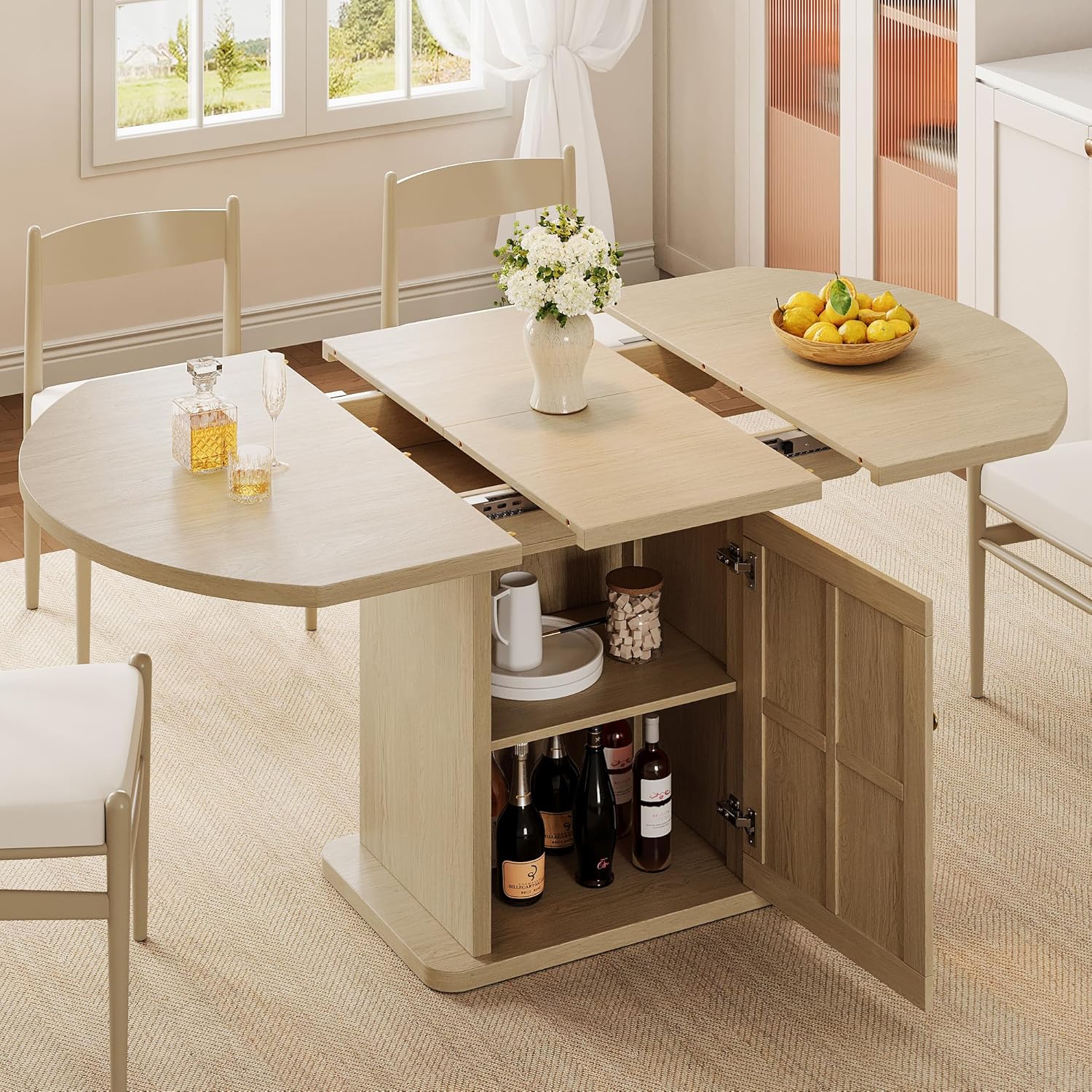 iPormis Round Dining Table for 4-6, 59'' Extendable Dining Room Kitchen Table with 2-Tier Storage Shelf, Wood Dinner Table with Door & Pedestal Base, for Kitchen Living Room, Space Saving, Natural