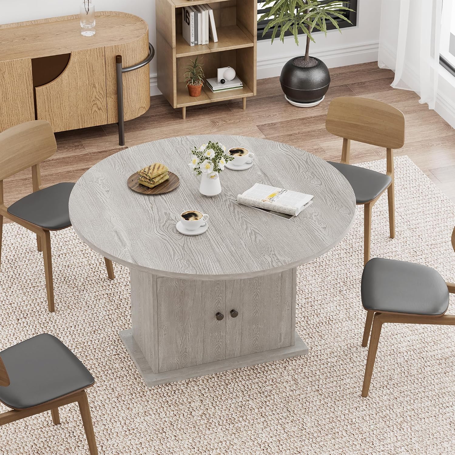 43.3in-59in Extendable Round Dining Table for 4-8, Modern Expandable Kitchen Oval Dining Table, Space Saving Circle Dining Room Table with Storage Shelf for Kitchen Living Room (Grey)