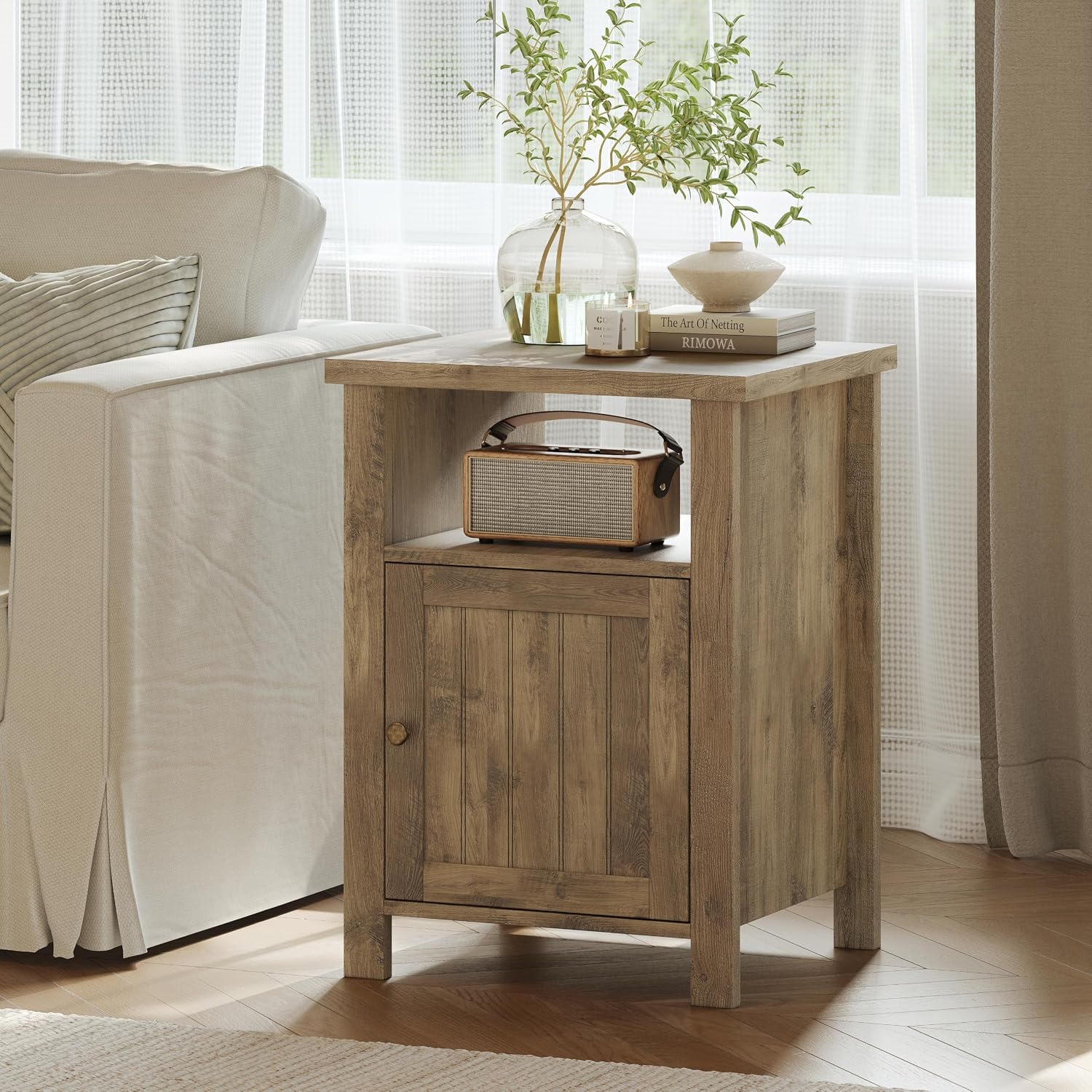 ChooChoo Farmhouse Nightstands with Storage | End Table Set of 2, Open Shelf, Rustic Bedside Table Set of 2 for Bedroom, Wash Gray