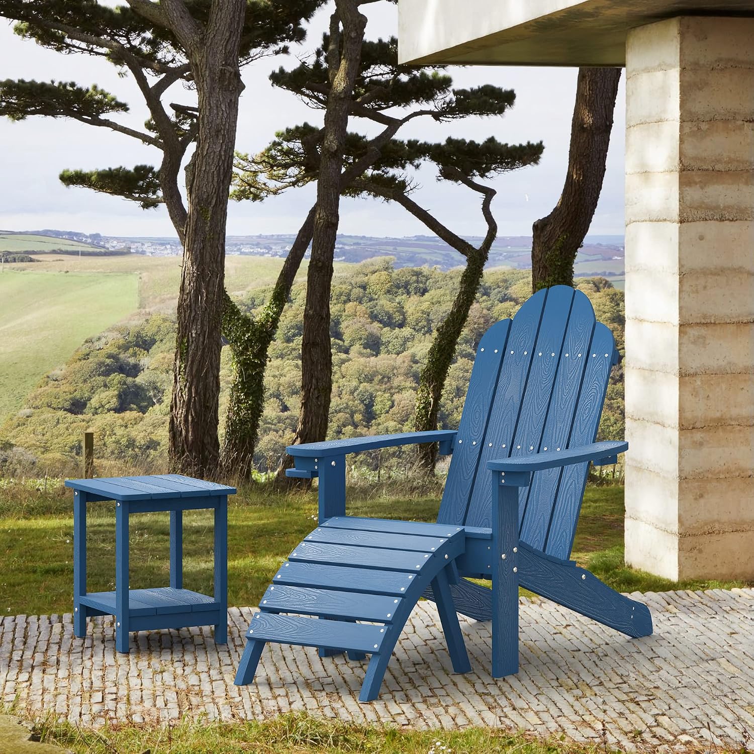 LUE BONA HDPS Adirondack Chairs, 1 Chair, Long-Lasting All-Season Outdoor Patio, Hidden Cup Holder, 350 LBS, Navy Blue