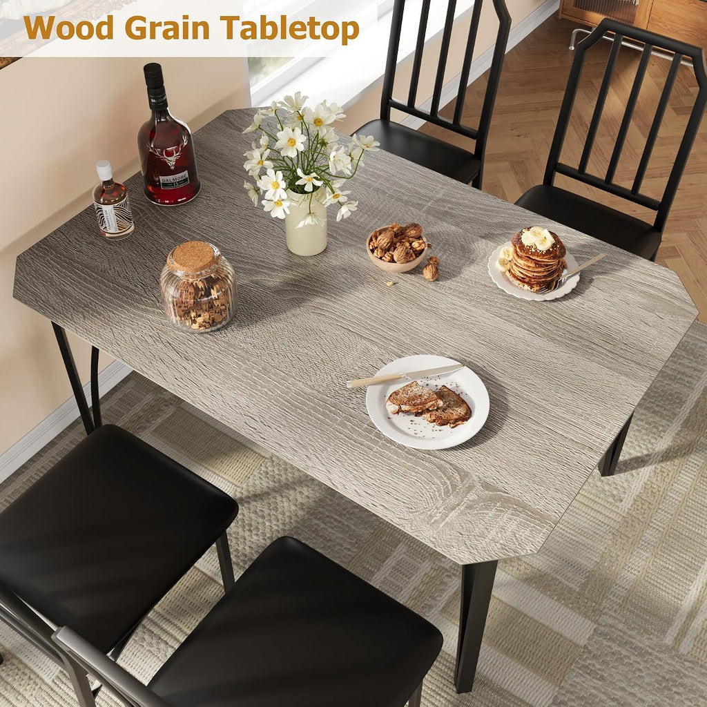 GAOMON 5-Piece Dining Table Set for 4, Modern Kitchen Table with Chamfered Design and Upholstered Chairs, Leather-Cushioned Seats for Small Spaces and Apartments, Space-Saving (Gray/Black,5 Pack)