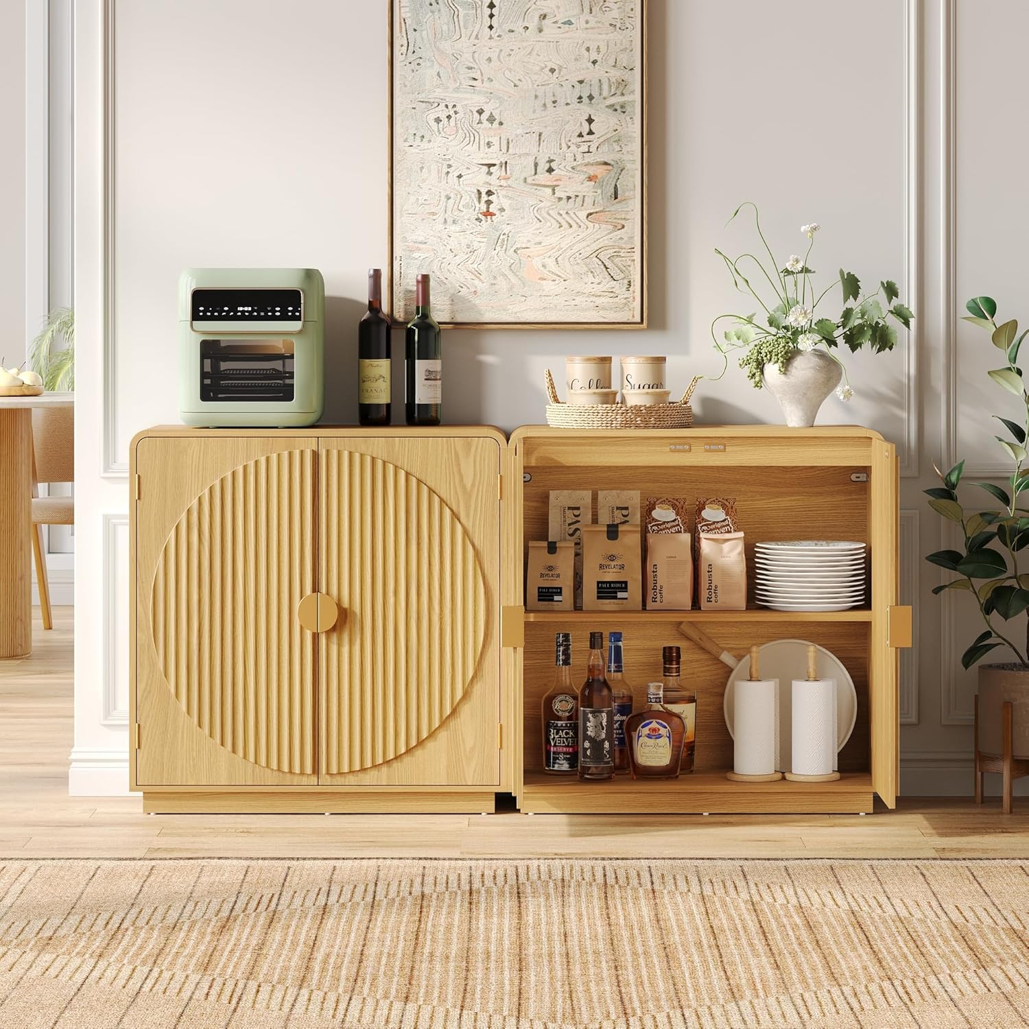 30.3" Modern Sideboard Buffet Cabinet w/ Storage & Fluted Arched Doors, Accent Storage Cabinet, Coffee Bar Buffet Console Table Credenza for Dining Room/Living Room/Entryway/Small Space, Natural Wood