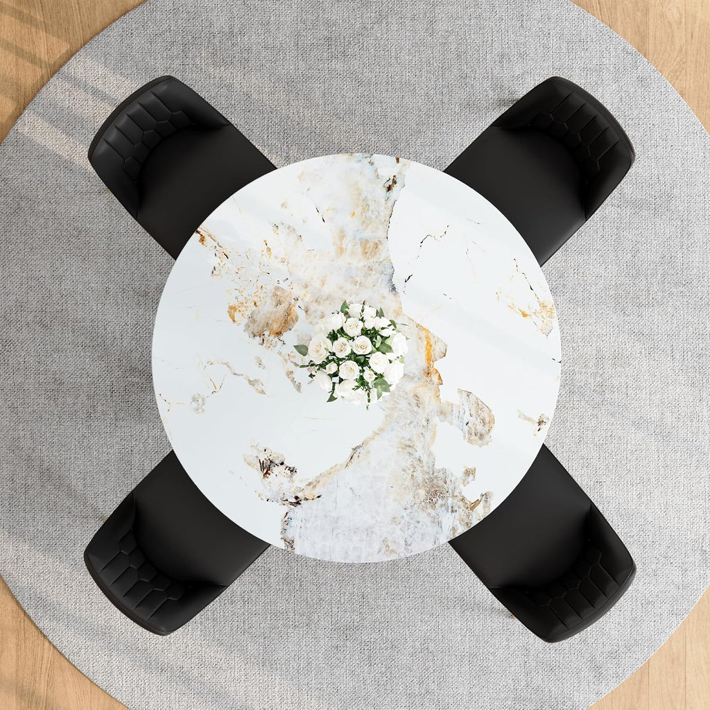 42" Round Dining Table for 4-6, Modern Faux Marble Kitchen Tabletop with Black Wood Pedestal and Gold Metal Frame, Circle Dinner Table for Dining Room