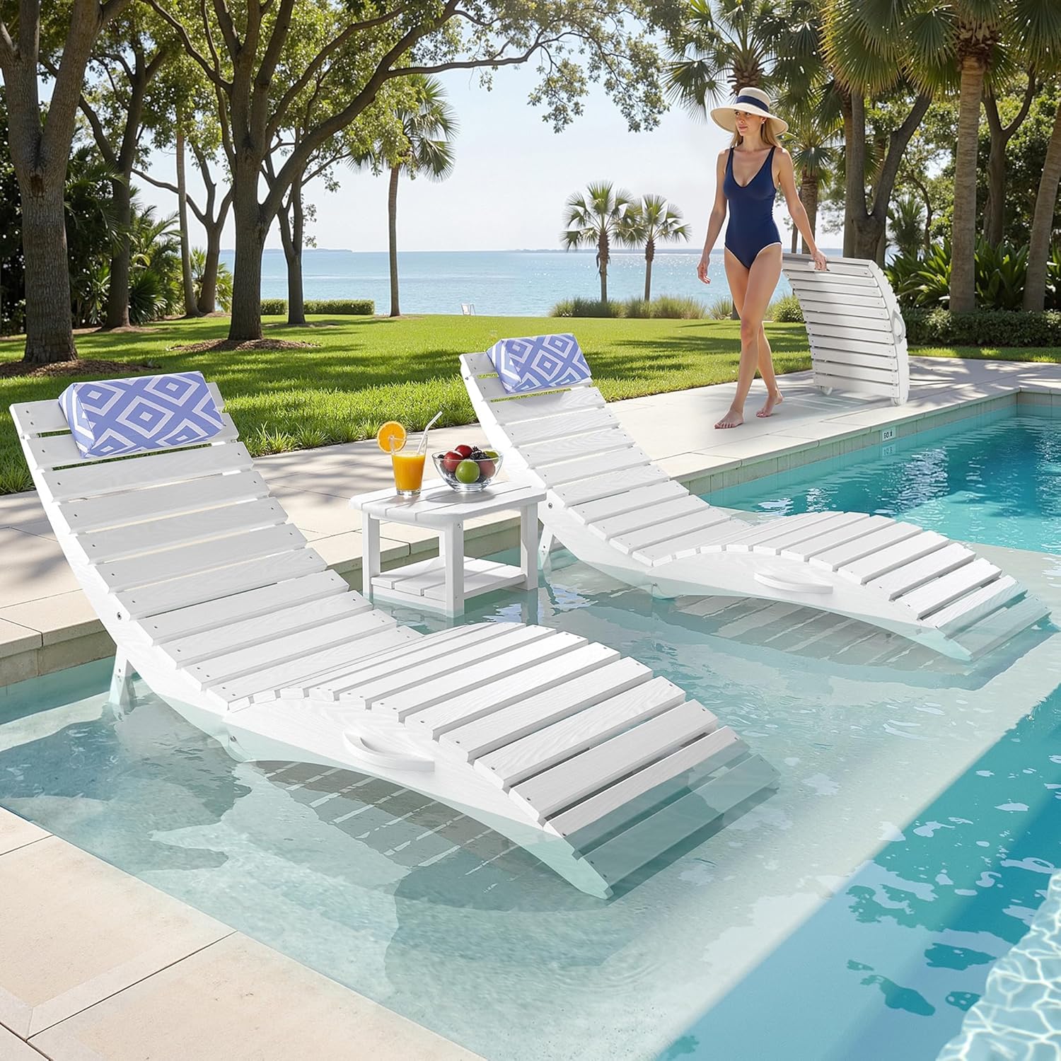 nalone Foldable Pool Lounge Chair, HDPE in Pool Chaise Lounge (2, White) | With Wheels and Pillow, No Installation Required, Large Size, For Pool Beach Patio, Folding Tanning Chairs