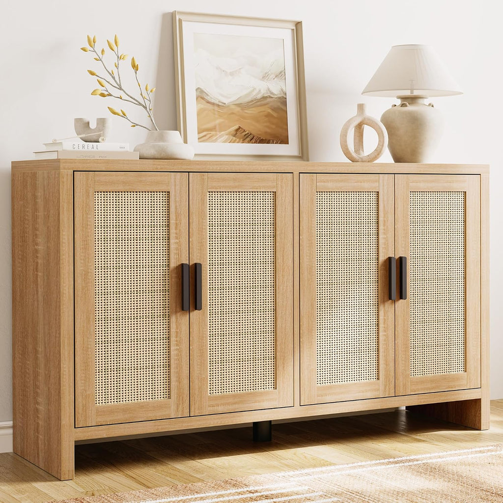 Mericonia Rattan Buffet Cabinet with Storage, Sideboard Cabinet with Doors and Adjustable Shelves, Farmhouse Coffee Bar Station Table, Modern Wood Cupboard for Kitchen, Livingroom and Dining Room