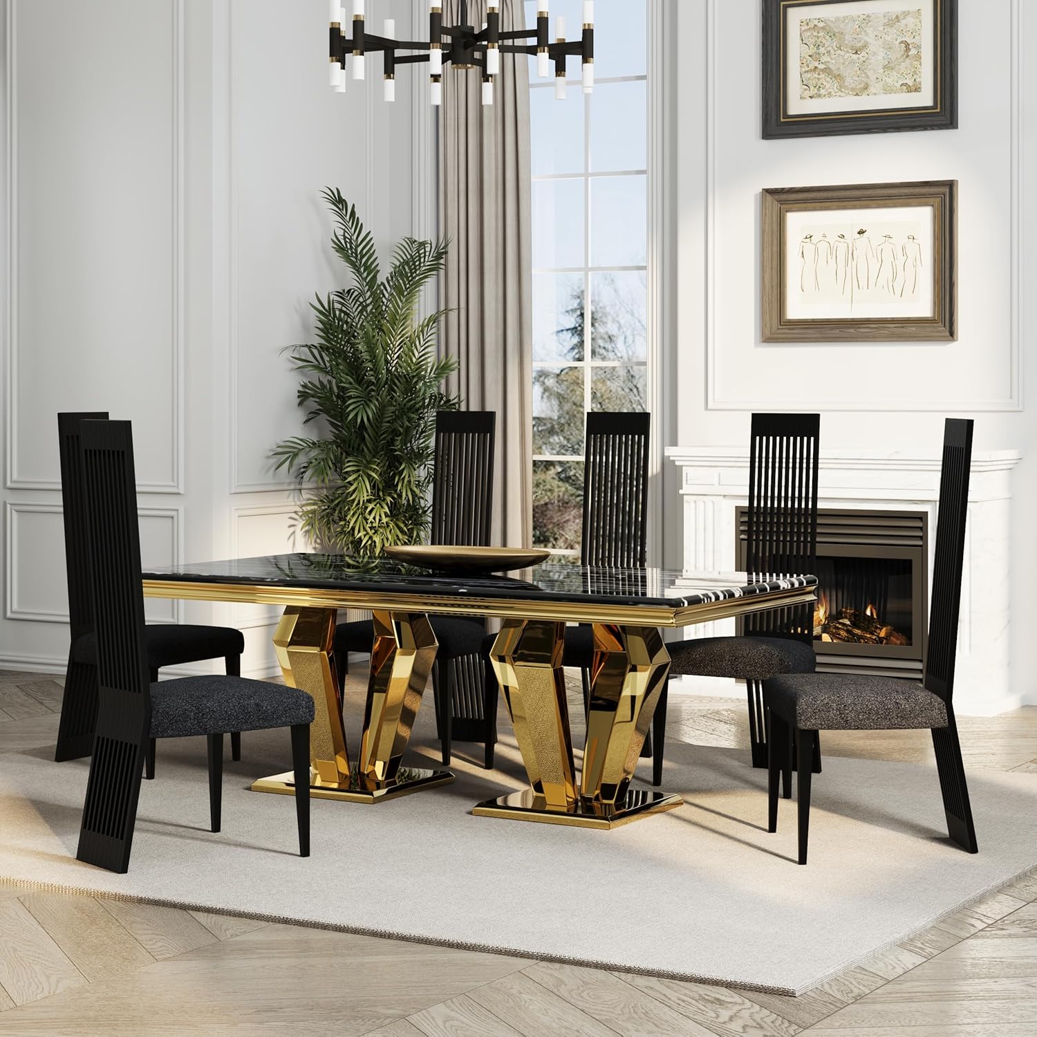 Modern Black Dining Chairs Set of 4, Upholstered High Back Dining Chairs with Stainless Steel Backrest and Legs, Luxury Dining Room Chairs for Kitchen Living Room Restaurant
