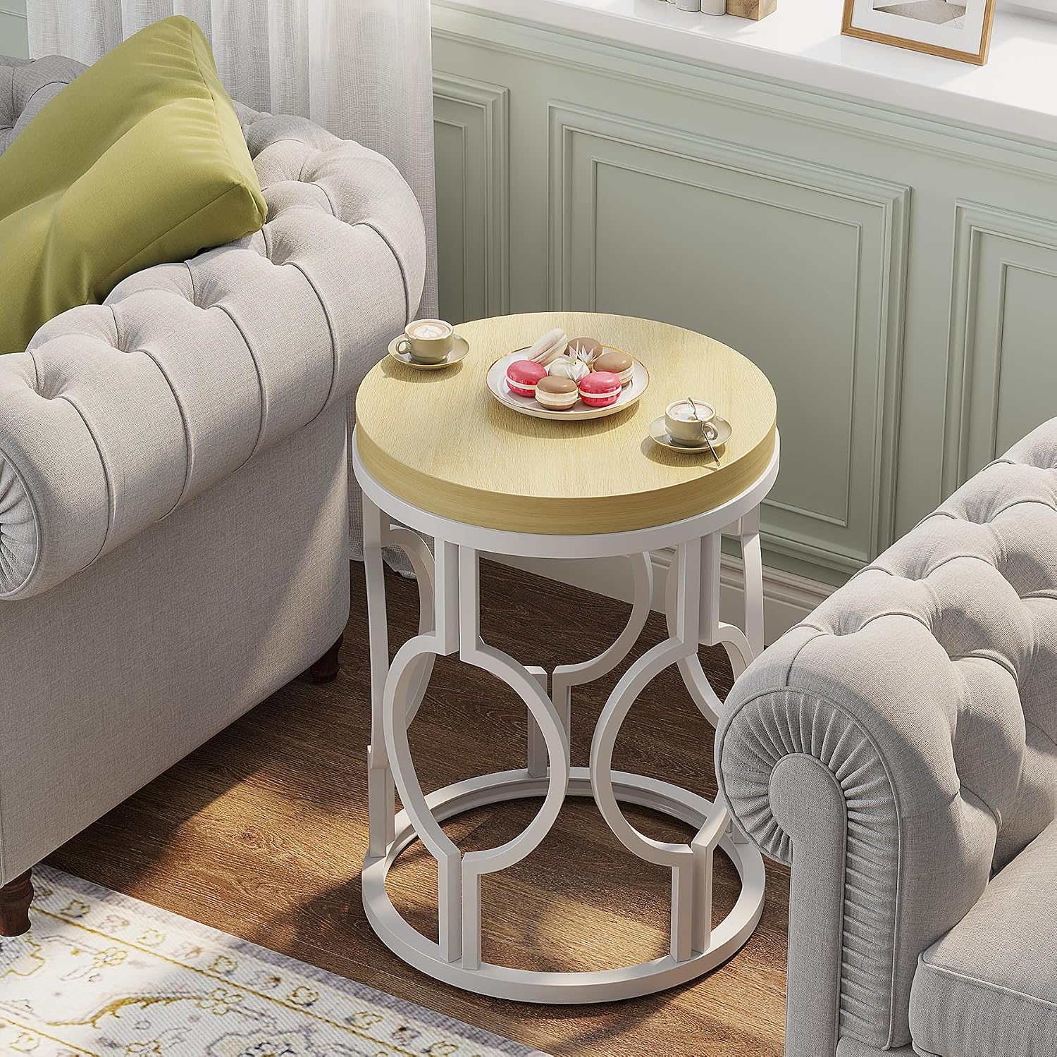 Tribesigns Round End Table, Farmhouse Side Table with White Metal Hollow Frame, Small Bedside Table Nightstand for Living Room, Bedroom, Easy Assembly (Natural Beige,1PC)