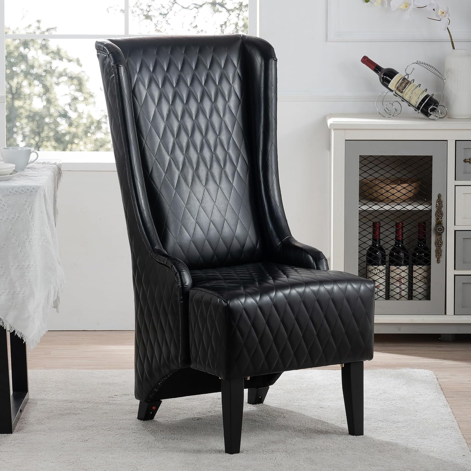 High Back Dining Chair, Retro Wing Back King Throne Chair Head Chairs for Dining Table, PU Leather Upholstered Accent Side Chairs for Living Room Dining Room Bedroom (Black)