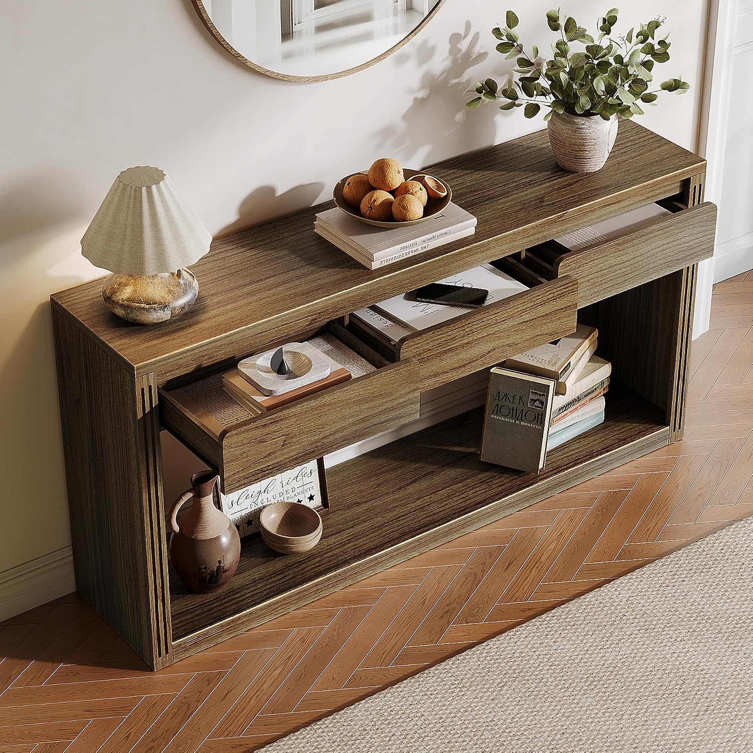 Treocho 63.9" Farmhouse Console Tables for Entryway, Long Sofa Table with Drawers, Narrow Behind Couch Table for Living Room, Hallway, and Entrance, Light Walnut