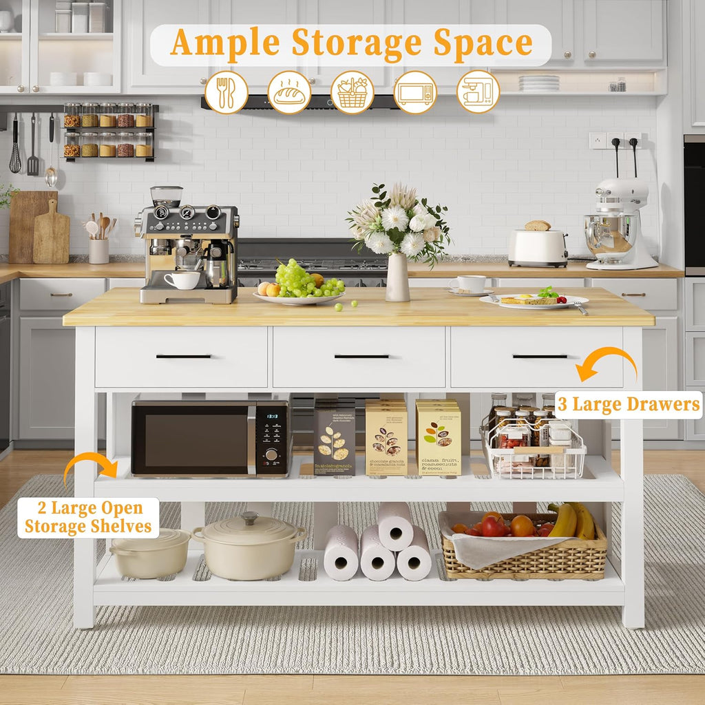 DynJest 60" Solid Rubberwood Kitchen Island with Power Outlets - Extra Large Work Surface, 3 Drawers & 2 Open Shelves Storage Cabinet for Kitchen Dining Room, Farmhouse Style (White)