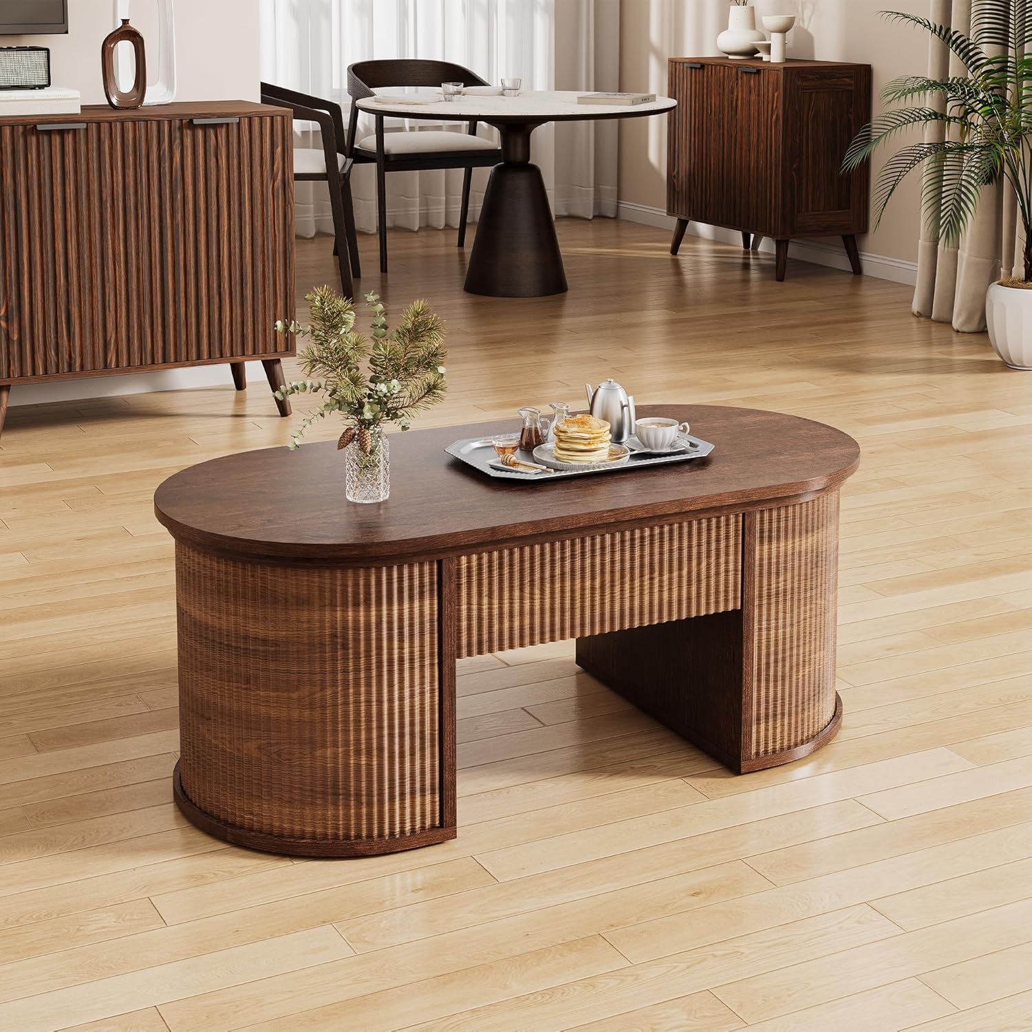 Fluted Lift Top Coffee Table with Storage, Oval Living Room Center Table with Hidden Compartment, Modern Mid-Century Wood Coffee Table for Small Spaces, Home Office, Walnut