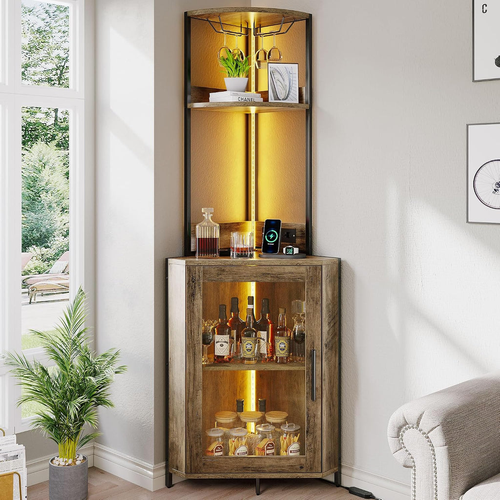 YITAHOME Corner Wine Cabinet with Power Outlets & LED Lights, Corner Bar Cabinet with Glass Holder, Liquor Bar Rack Cabinet for Living Room, Dining Room, Kitchen, Gray Oak