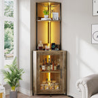 YITAHOME Corner Wine Cabinet with Power Outlets & LED Lights, Corner Bar Cabinet with Glass Holder, Liquor Bar Rack Cabinet for Living Room, Dining Room, Kitchen, Gray Oak