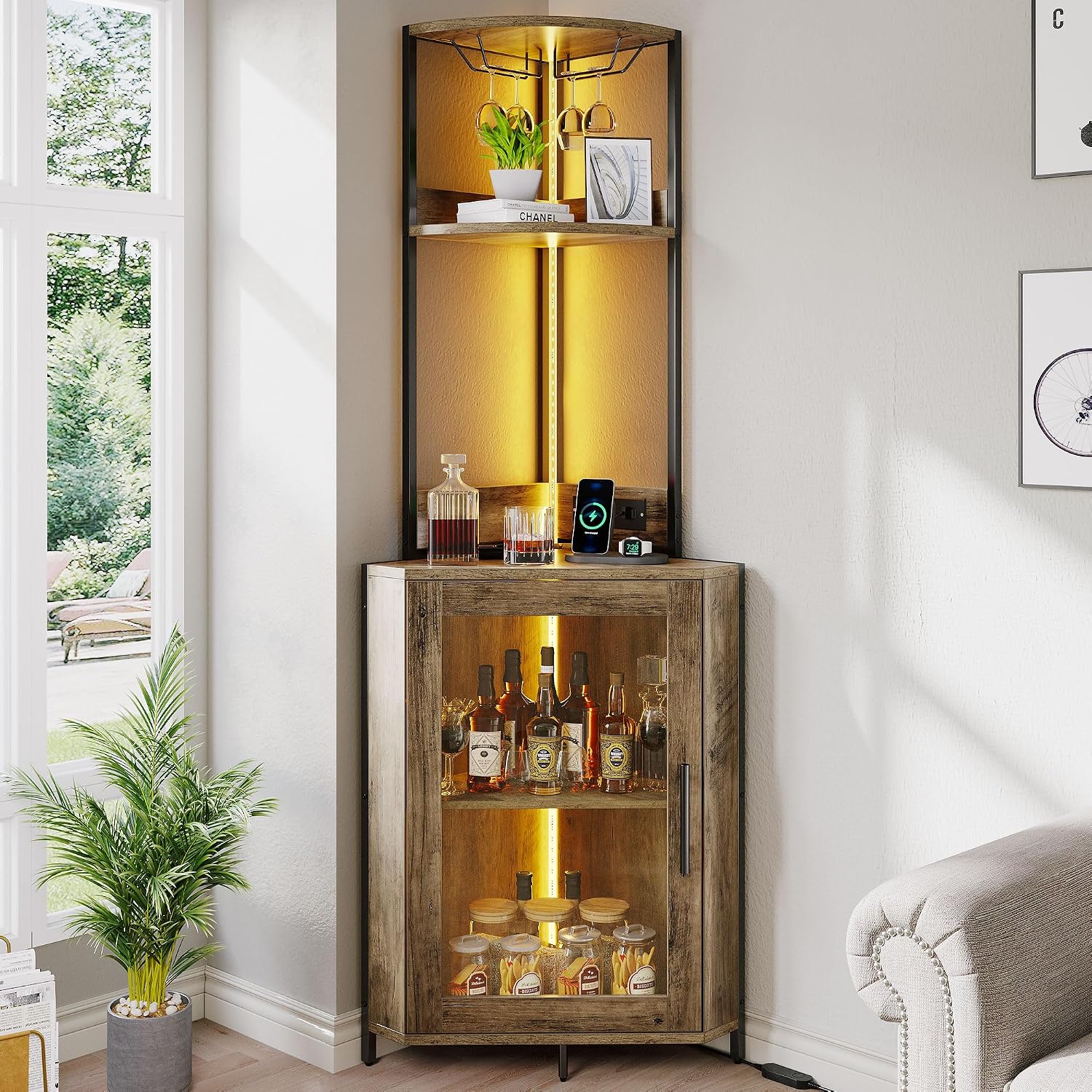 YITAHOME Corner Wine Cabinet with Power Outlets & LED Lights, Corner Bar Cabinet with Glass Holder, Liquor Bar Rack Cabinet for Living Room, Dining Room, Kitchen, Gray Oak