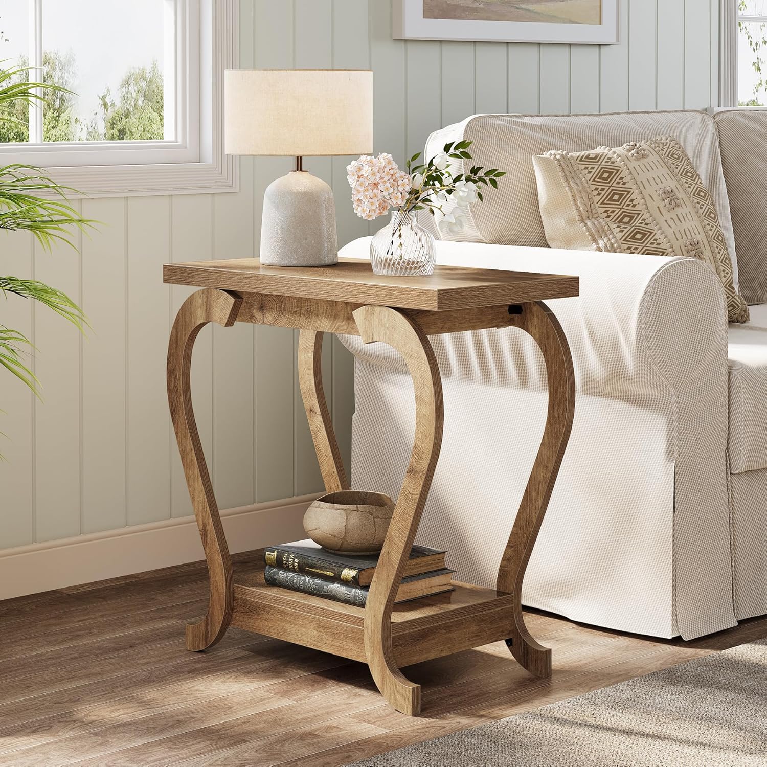 Tribesigns End Table, Narrow Wood Side Table with Storage Shelves, 2-Tier Bedside Accent Furniture for Living Room, Small Spaces, Bedroom (1, Brown)