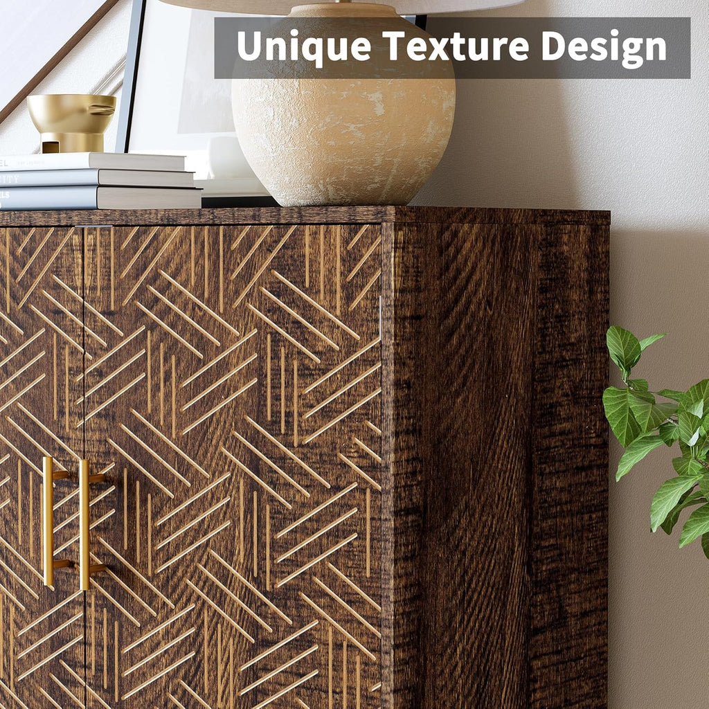 Sideboard Buffet Cabinet with Storage, Elegant Wood Accent Cabinet with Line Groove Design, Freestanding Storage Cabinet with Adjustable Shelves for Living Room, Kitchen, Entryway, Walnut