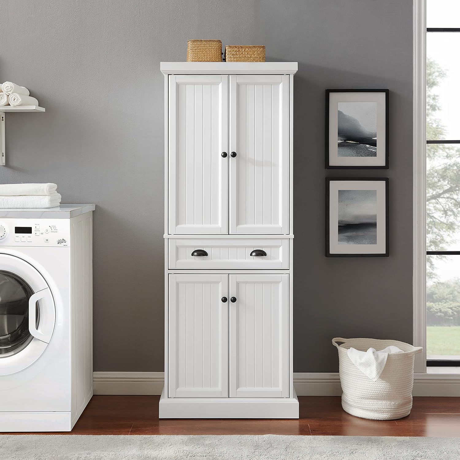 Crosley Furniture Shoreline Coastal Pantry Storage Cabinet with Shelves, Kitchen, Dining, or Laundry Room, White