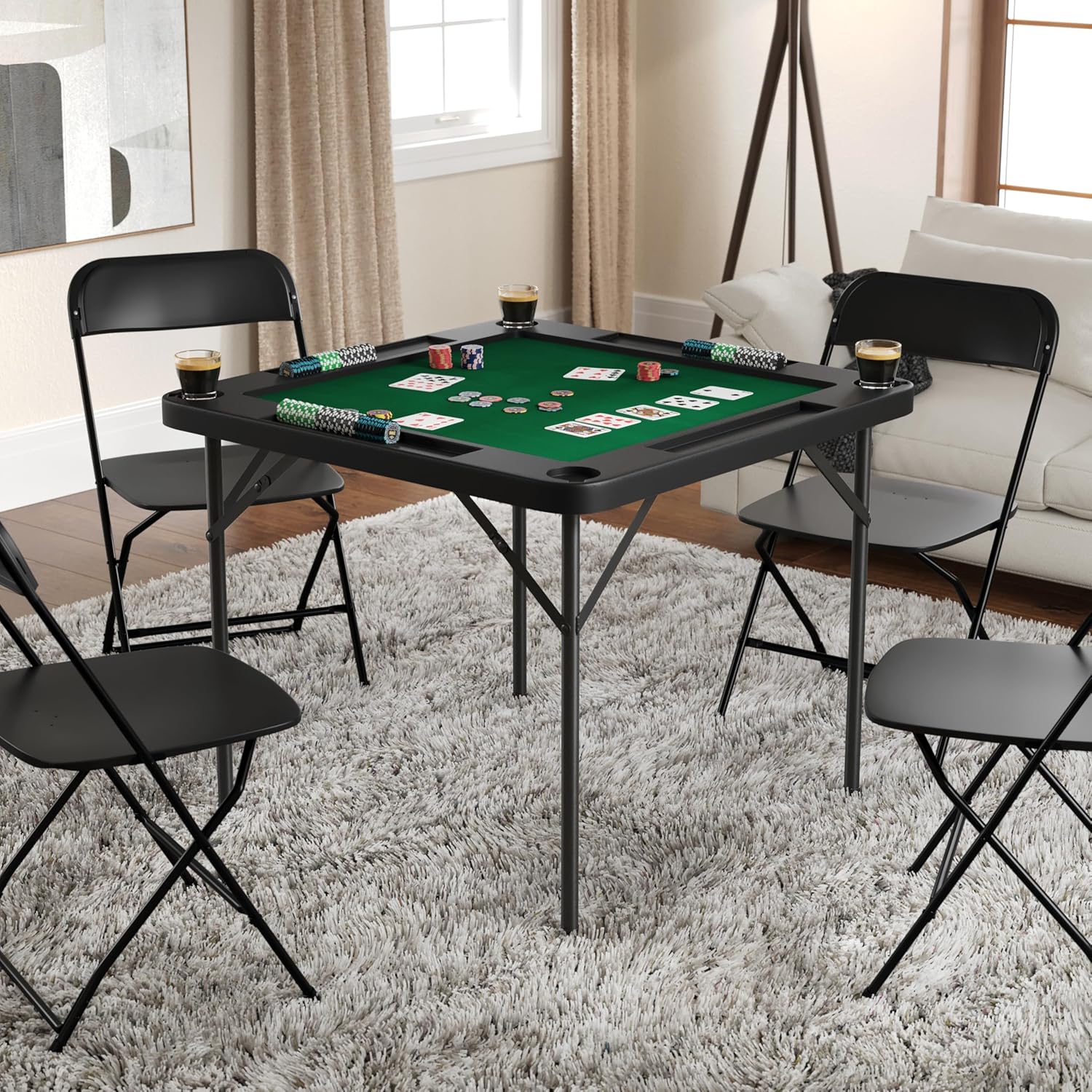 Flash Furniture Silas 34.5" Square Folding Card Table with Green Felt Playing Surface and Cup Holders, Portable Folding Game Table for 4 Players, Black/Green