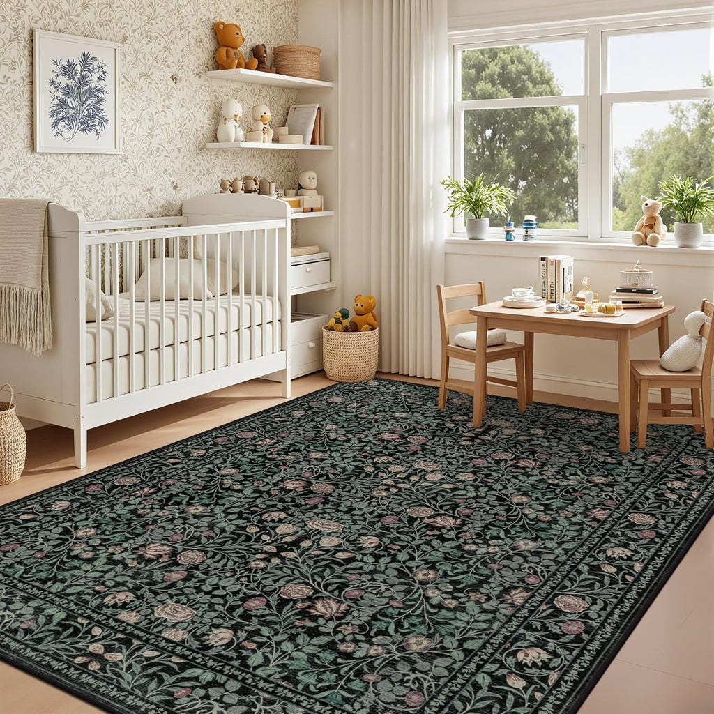5x7 Area Rugs Living Room Rug: Floral Washable Rug Vintage Boho Soft No Slip Stain Resistant Carpet Indoor Floor Throw Carpets for Bedroom Hallway Nursery Dining Room Playroom Dark Green Black