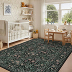 5x7 Area Rugs Living Room Rug: Floral Washable Rug Vintage Boho Soft No Slip Stain Resistant Carpet Indoor Floor Throw Carpets for Bedroom Hallway Nursery Dining Room Playroom Dark Green Black