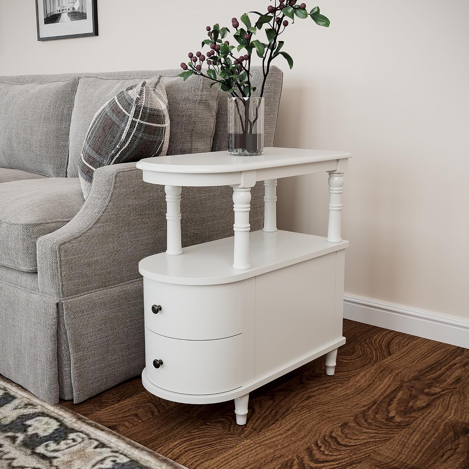 Wood End Table with 2 Drawers and Storage Shelf, Narrow Sofa Side Table for Living Room, Vintage Slim Nightstand Bedside Table for Bedroom, Slim Chair Side Table White BGA508WT