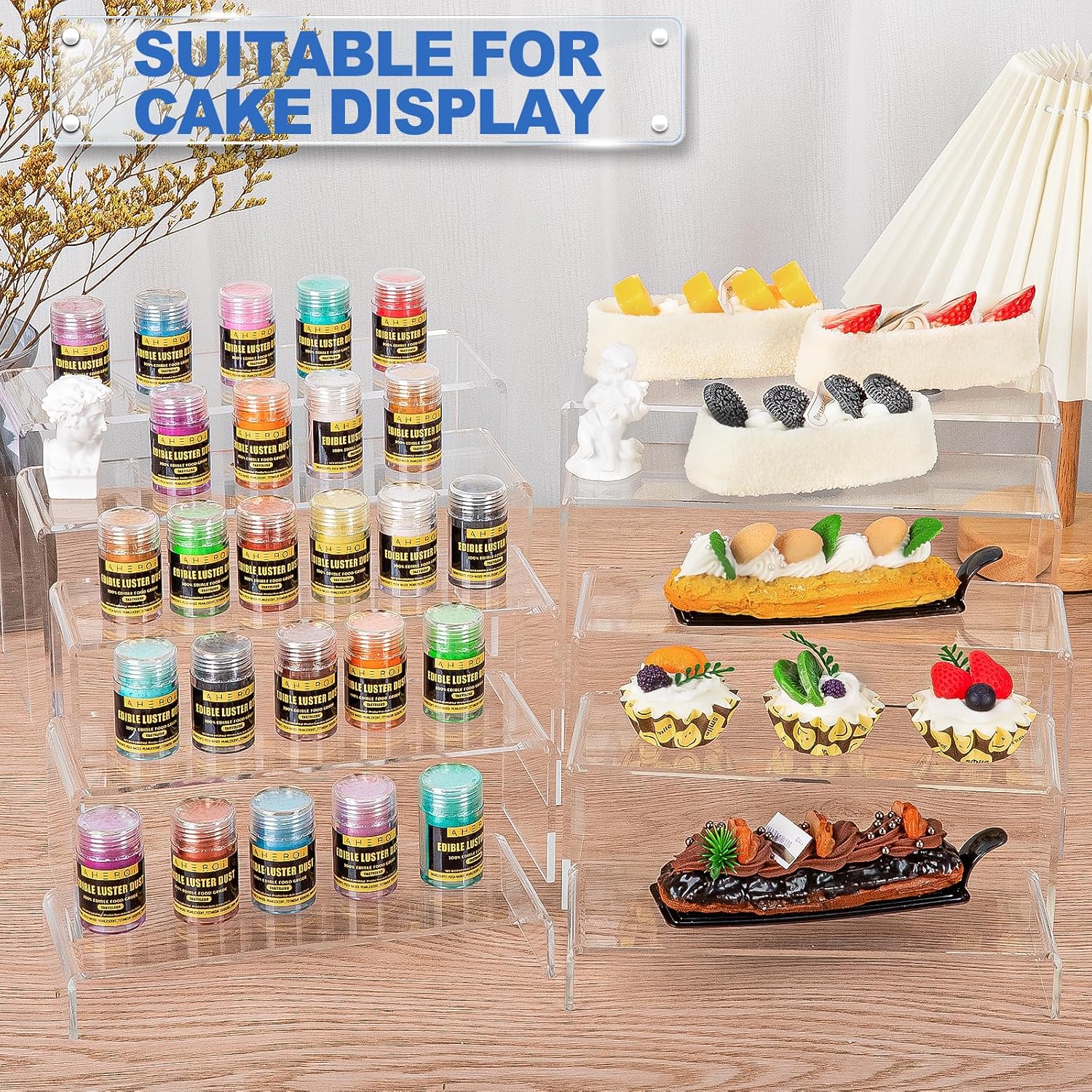 Aheroi Large Acrylic Risers, 10 Pcs 2 Set(7”L~8”L~9”L) Riser Display Shelf, Clear Rectangular Display Stands Set, Transparent Shelves for Decor, Showcase Holder for Cupcake