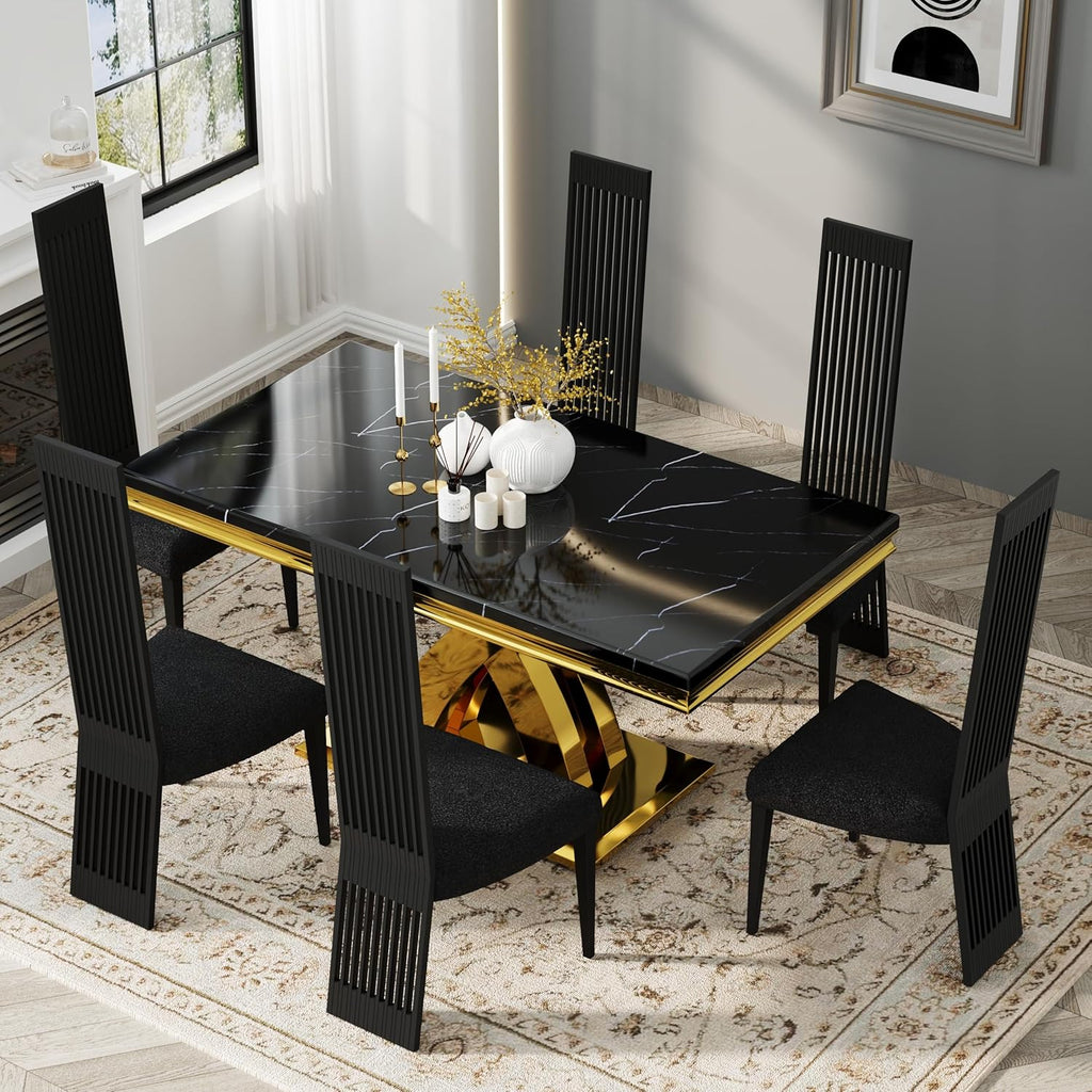 Modern Black Dining Chairs Set of 4, Upholstered High Back Dining Chairs with Stainless Steel Backrest and Legs, Luxury Dining Room Chairs for Kitchen Living Room Restaurant