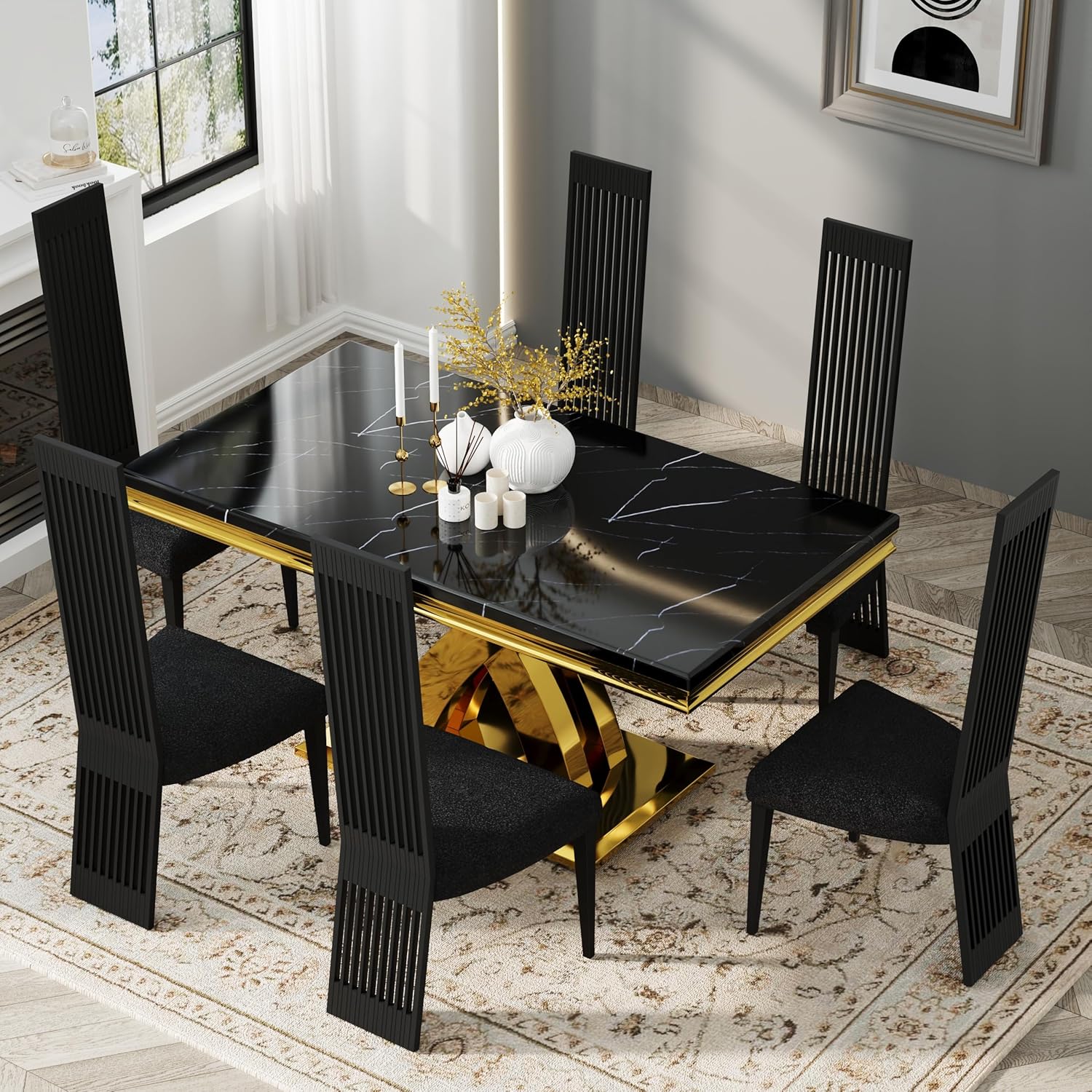 Modern Black Dining Chairs Set of 4, Upholstered High Back Dining Chairs with Stainless Steel Backrest and Legs, Luxury Dining Room Chairs for Kitchen Living Room Restaurant