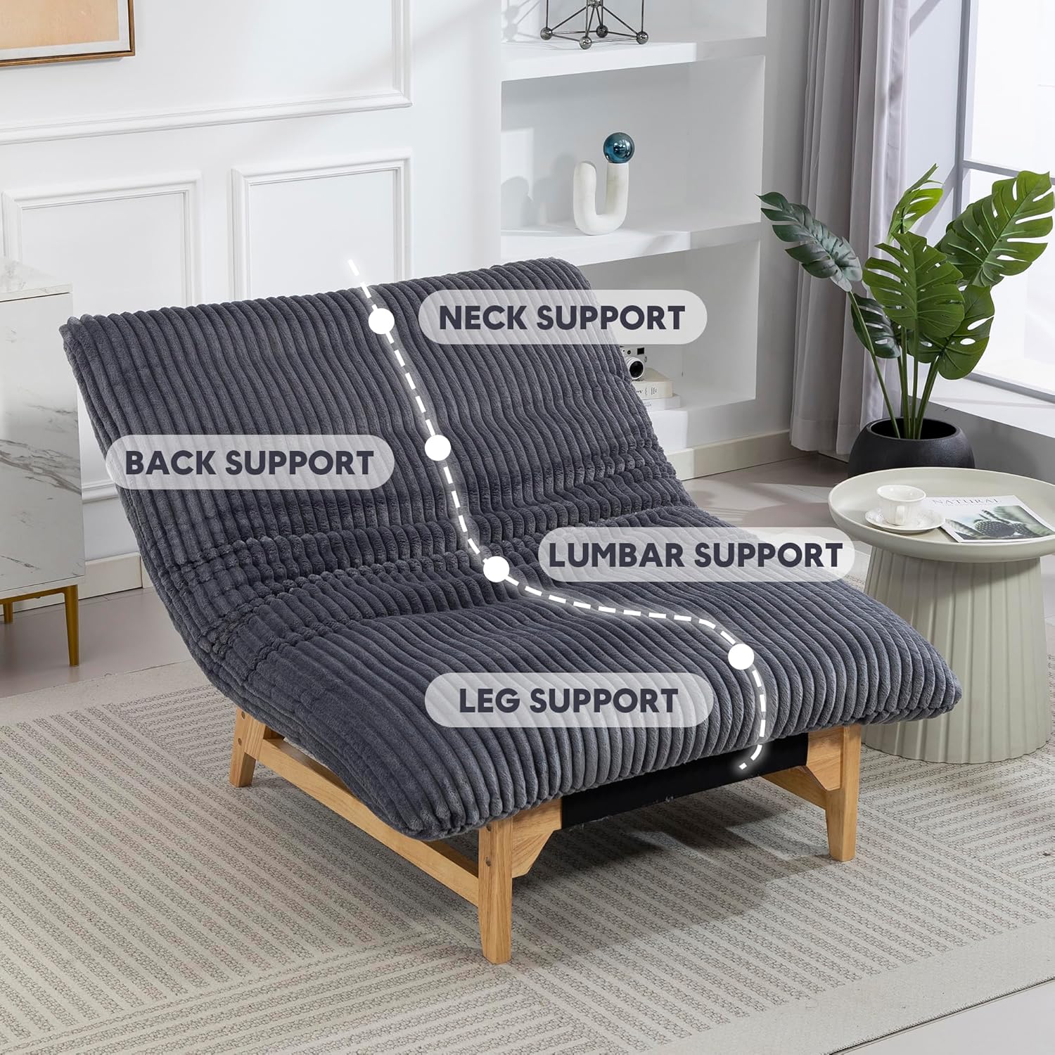Modern Accent Chair for Living Room, Comfy Corduroy Chaise Lounge with Solid Wood Base, Oversized Single Sofa Reading Armchair with Thick Padded Cushion for Bedroom Small Spaces, Dark Grey
