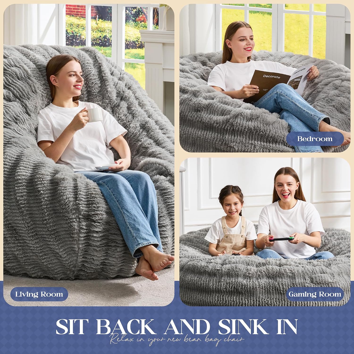 Hobestluk Bean Bag Chairs Beanbag Chair with Filler Adult Bean Bags with Fluffy Ripple Cover, Giant Bean Bag Chairs for Adults (Grey, 3FT - 36" x 36" x 22")