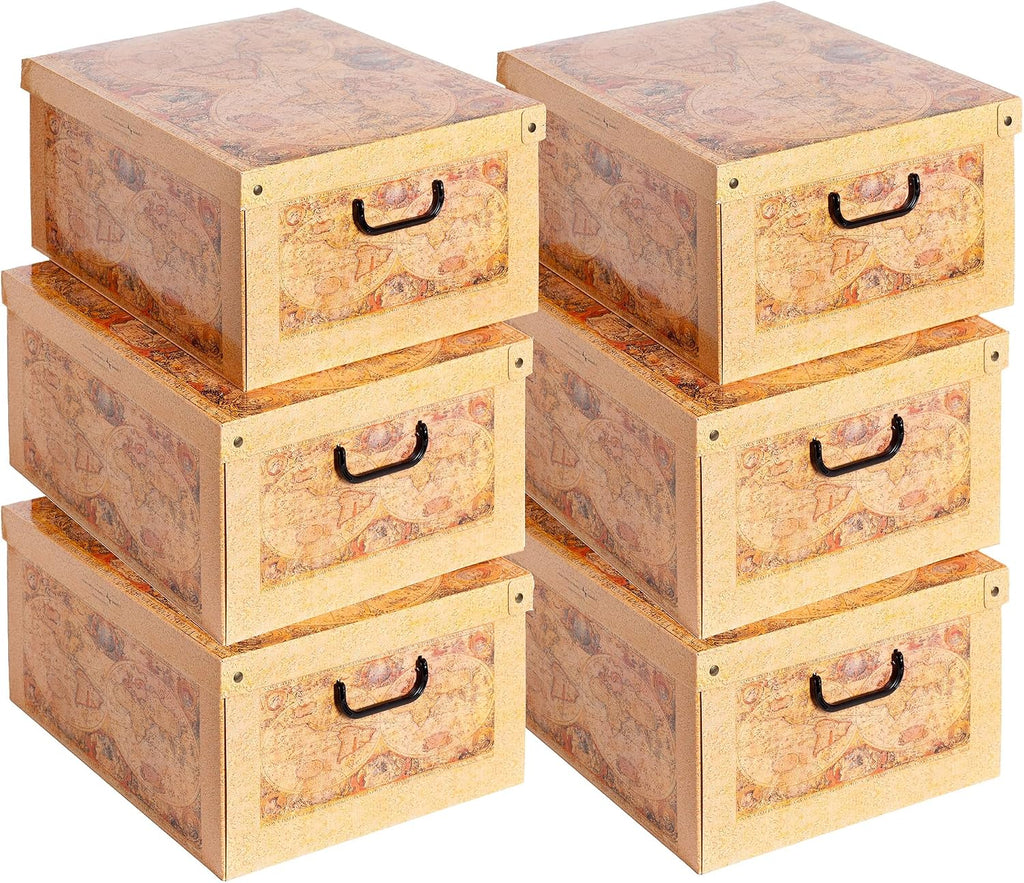Lavatelli: Storage Box 6 Pack: Large - Map - Lid & Side Handles, Decorative Cardboard Organizer, Stacks-Folds, Home-Clothes-Toys, 19.7 x 15.7 x 9.8