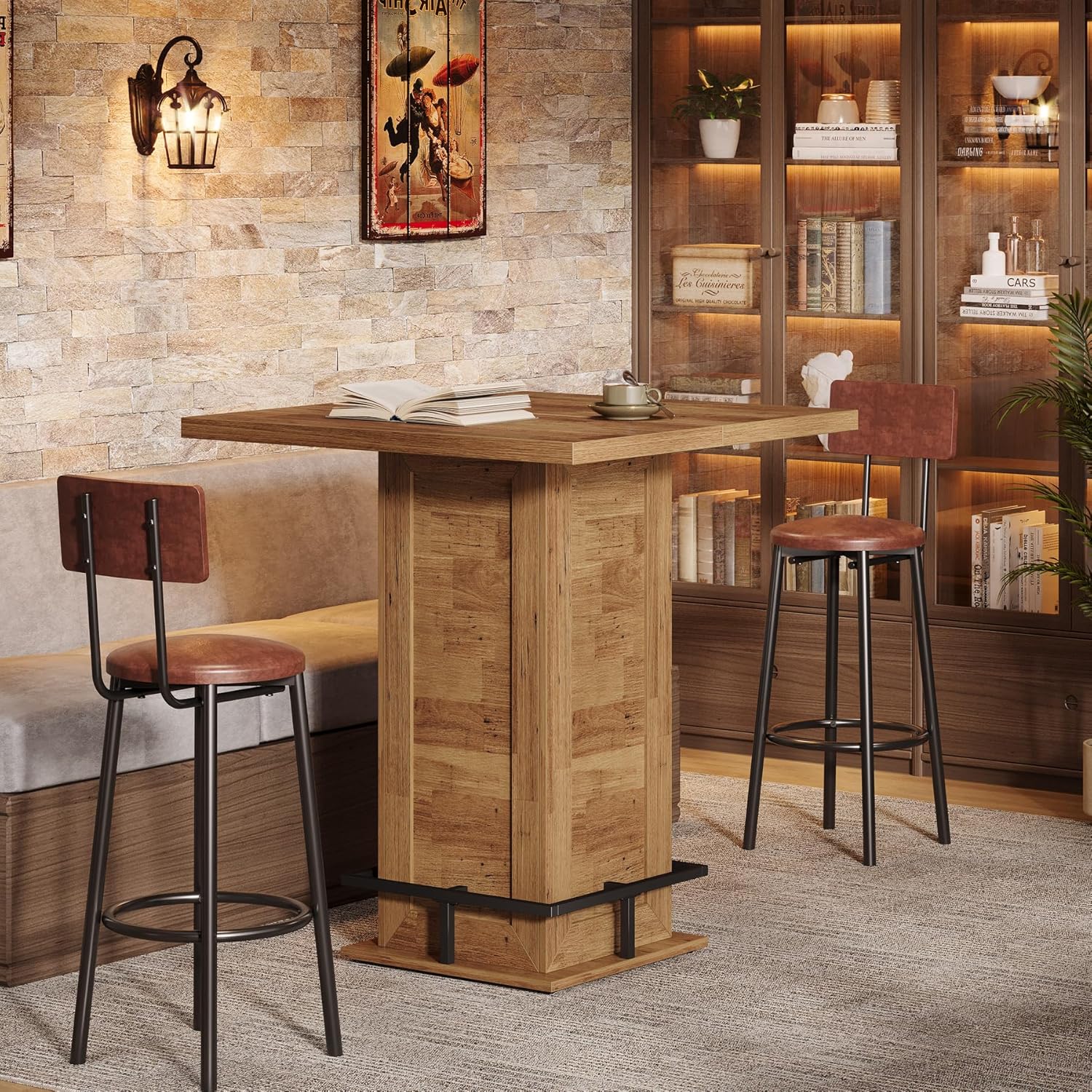 Tribesigns 39.4" H Square Bar Table, Industrial High Top Bistro Pub Cocktail Table with Metal Footrest for Kitchen Nook, Home Bar, Small Bars, Rustic Brown (Table Only)