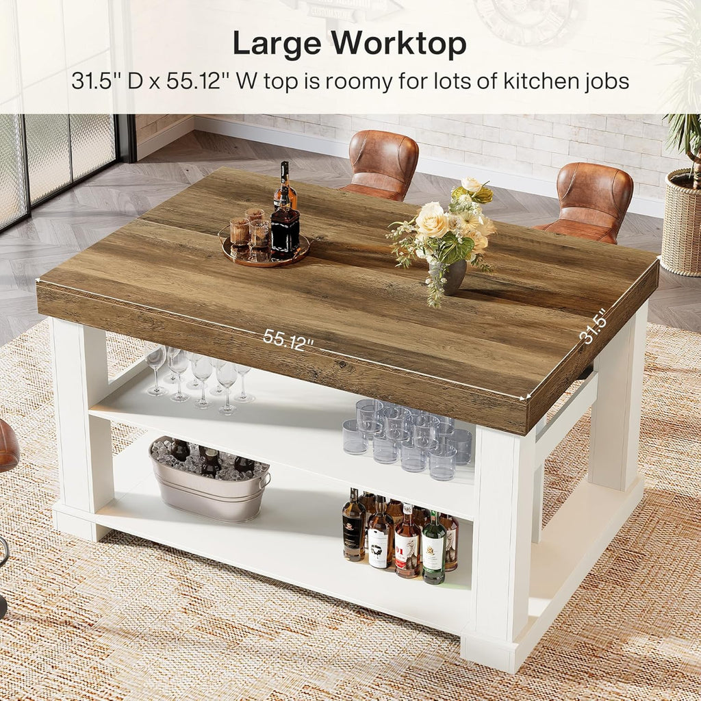 Tribesigns 55" Kitchen Island with Seating and Storage, 3-Tier Farmhouse Wood Stationary Island Table with Large Worktop & Leg Room, Coffee Bar Table with Storage Shelves for Kitchen, White and Brown