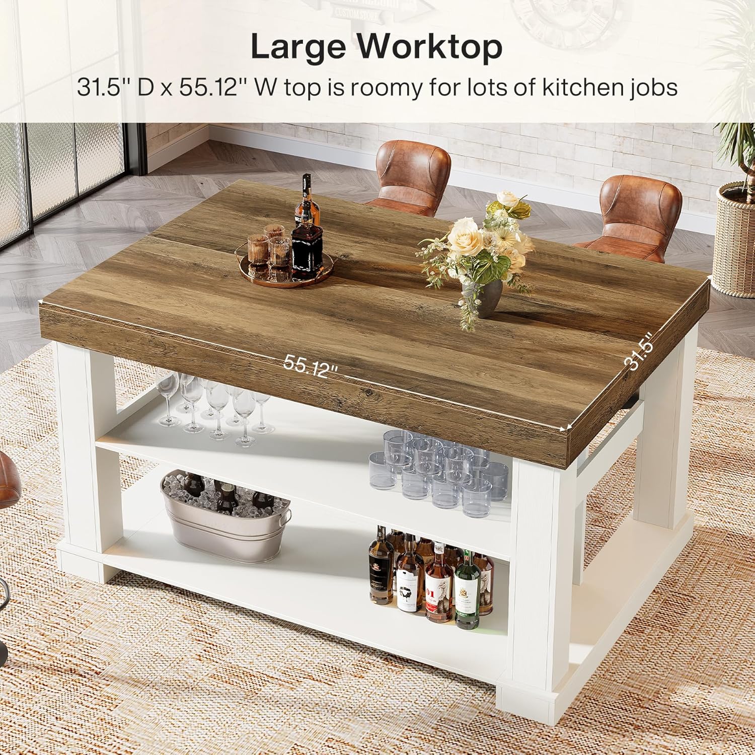 Tribesigns 55" Kitchen Island with Seating and Storage, 3-Tier Farmhouse Wood Stationary Island Table with Large Worktop & Leg Room, Coffee Bar Table with Storage Shelves for Kitchen, White and Brown
