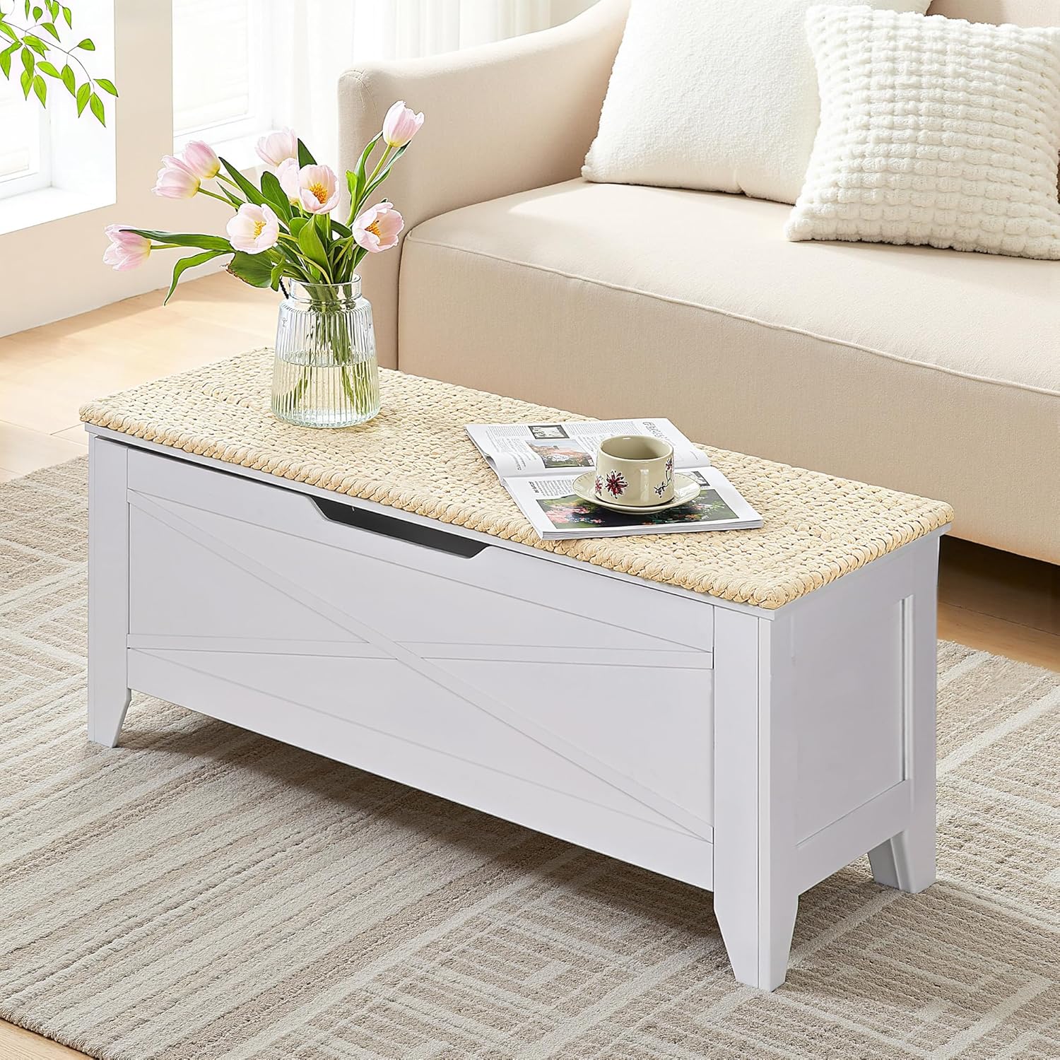 VECELO 43.3" Storage Bench, Entryway Shoe Ottoman, Farmhouse Style Bench with Handwoven Cushion and Metal Safety Hinges, for Bedroom, Living Room, Entryway, White
