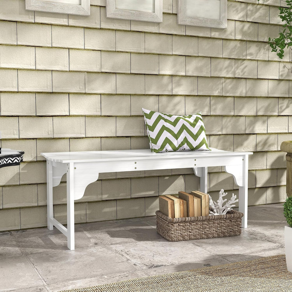 Garden Bench Seat, White Slatted Wooden Outdoor Bench with Curved Seat, Patio Park Bench for Front Porch Backyard Deck Lawn Yard Garden Entryway Seating