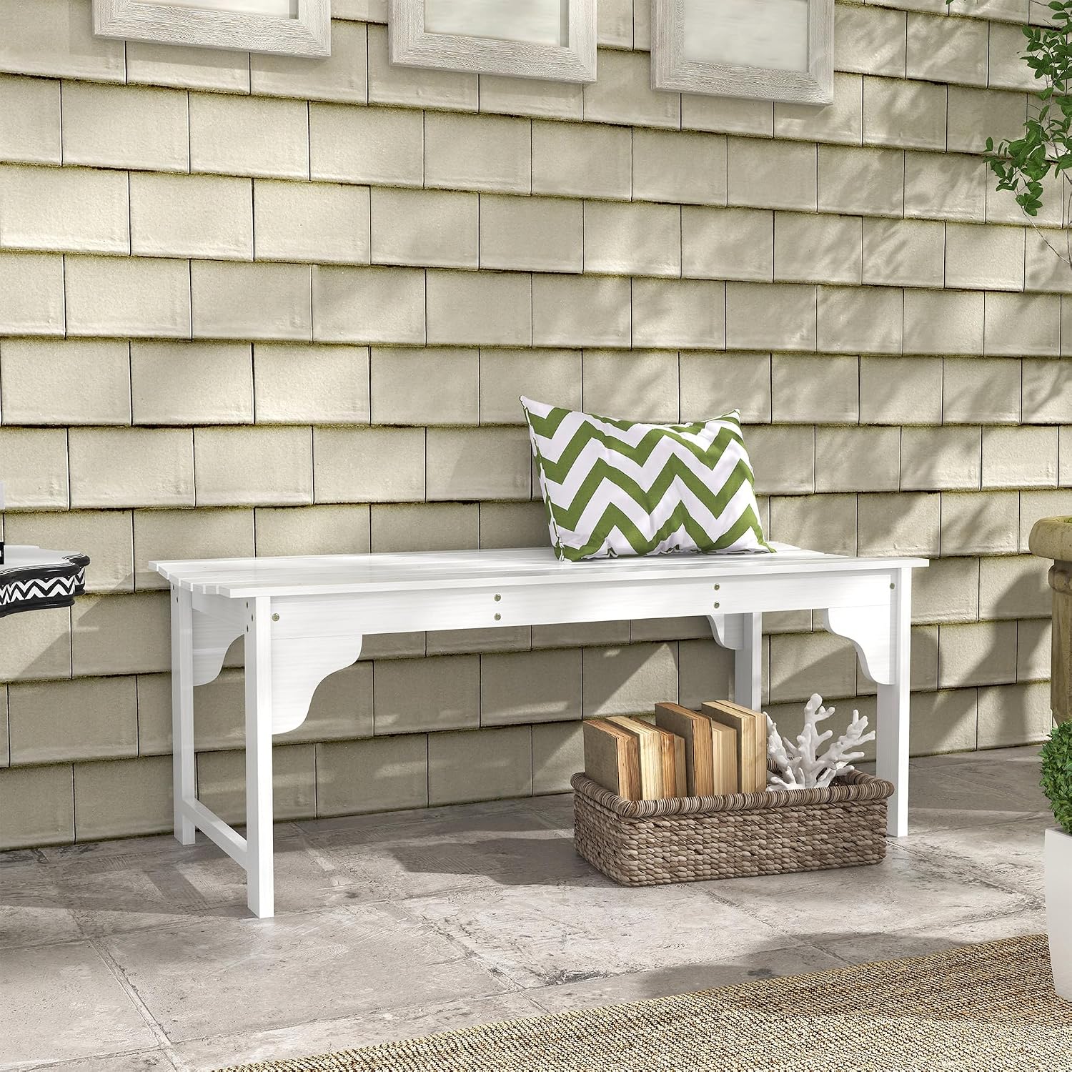 Garden Bench Seat, White Slatted Wooden Outdoor Bench with Curved Seat, Patio Park Bench for Front Porch Backyard Deck Lawn Yard Garden Entryway Seating