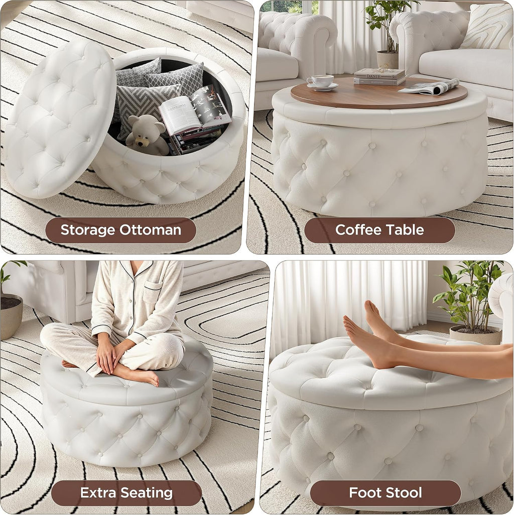 FiveWillowise 30 Inch Round Storage Ottoman, Large Circle Coffee Table with Storage Tray, Modern Button Footstool with Removable Lid,Cozy Foot Stools for Living Room, Bedroom, Makeup Room,Cream White