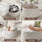 FiveWillowise 30 Inch Round Storage Ottoman, Large Circle Coffee Table with Storage Tray, Modern Button Footstool with Removable Lid,Cozy Foot Stools for Living Room, Bedroom, Makeup Room,Cream White