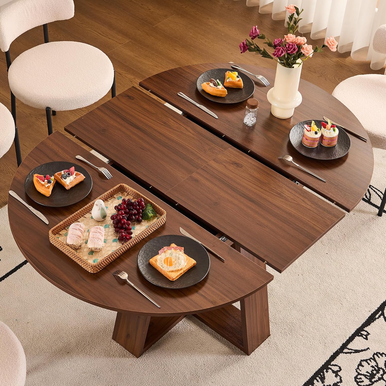 ClinQ 43.3-59in Extendable Round Room Dining Table for 4-6, Modern Kitchen Oval Dining Room Table, Removable Leaves Space Saving, Wooden Base Storage Shelf, Kitchen, Living Room, Dining Room, LWalnut