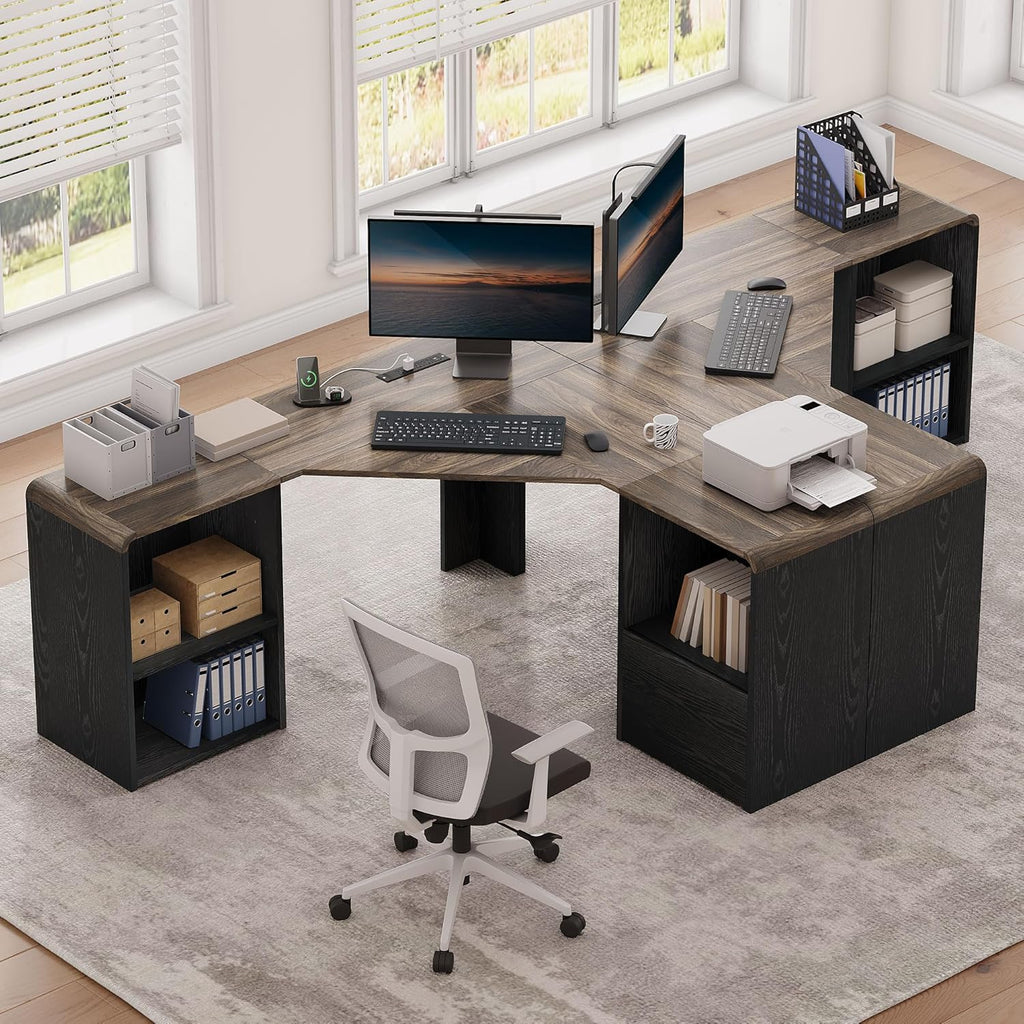 L Shaped Desk with Power Outlets & USB C Port, 59'' Reversible L-Shaped Computer Desk with File Drawer for Letter/Legal Size, Corner Office Desk with Storage Shelves, Rounded Corners, Black