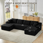 Tmsan 133.5" Black Boneless Sectional Sofa Couches for Living Room, Oversized U Shaped Cloud Modular Set with Cup Holders & Side Pockets & Deep Seat, Comfy Corduroy Foam Compressed No Assembly