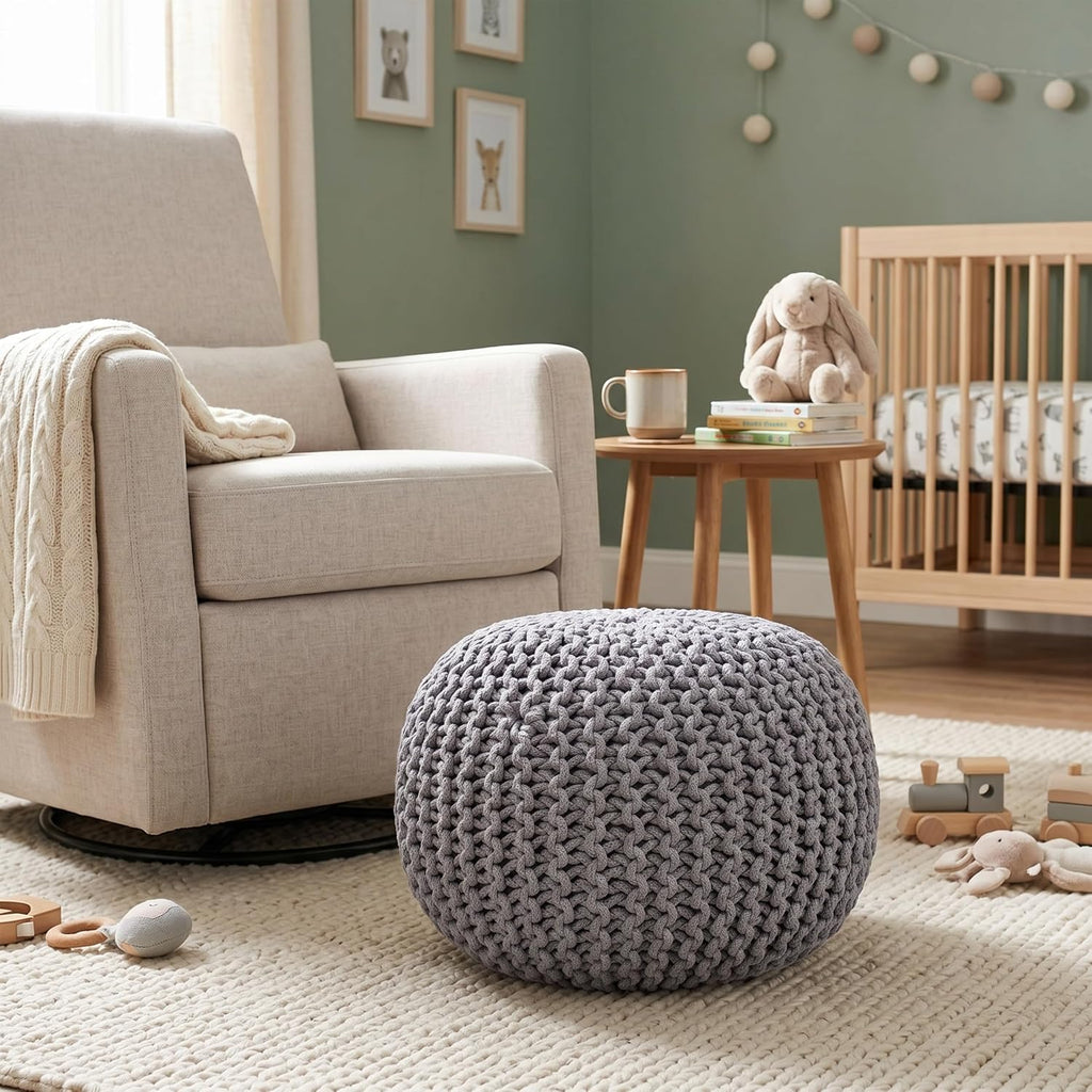 BIRDROCK HOME Round Pouf Ottoman Foot Rest - 18.5”x18.5”x15” Boho Compact Comfortable Soft Cotton Braided Foot Stool with Bean Bag Filling for Living Room, Bedroom, or Nursery (Light Gray)