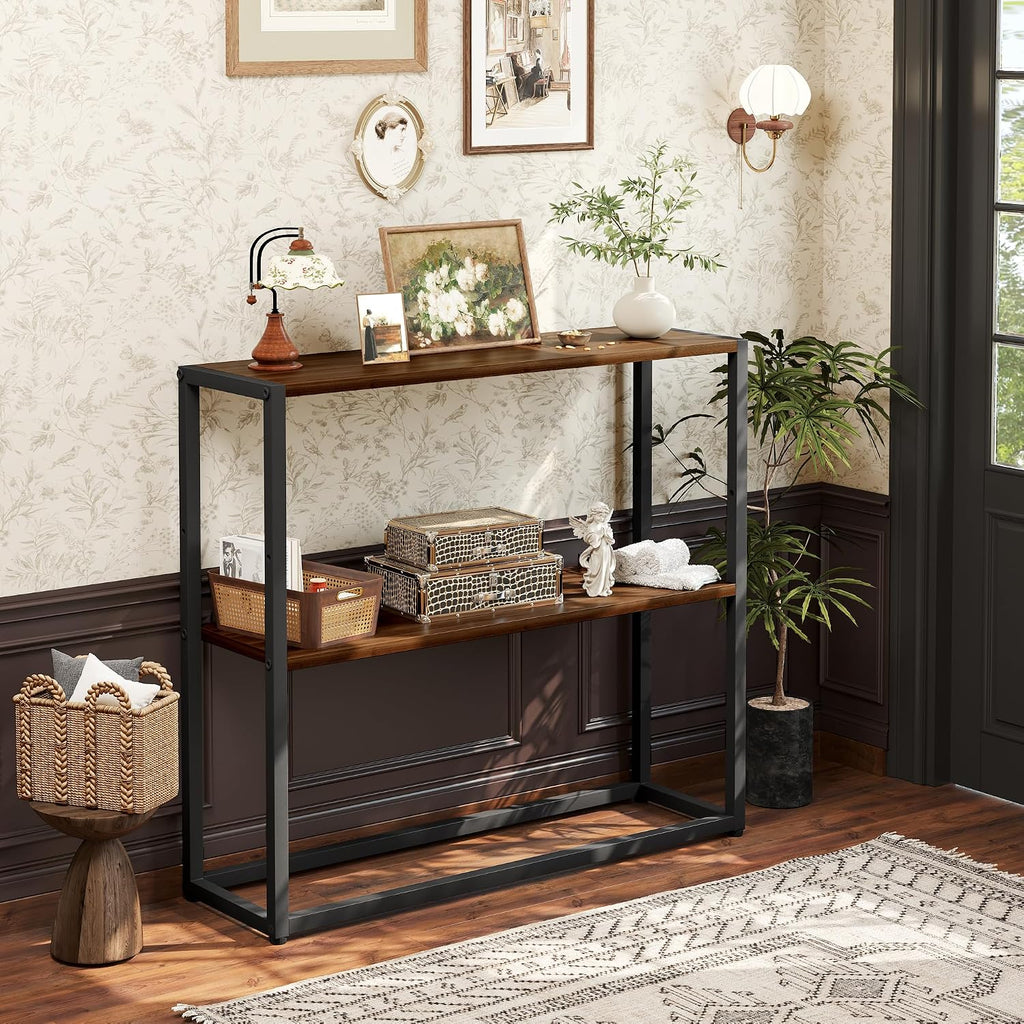 TIQLAB Console Table with Shelves, 29.5" Small Entryway Table Narrow Sofa Table, Couch Table, Side Table, Entry Table for Hallway, Living Room, Small Space, Walnut