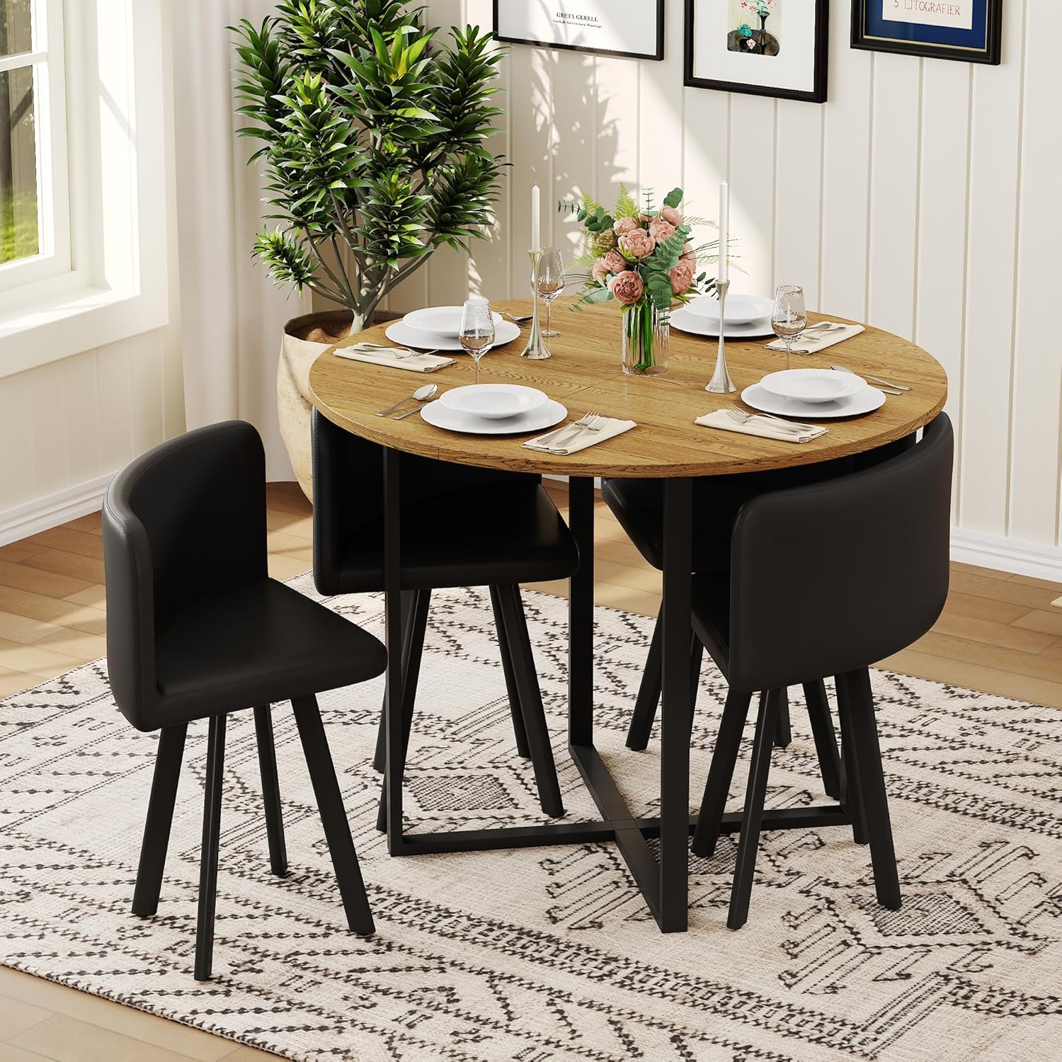 39.5" Round Dining Table Set for 4, 5 Piece Dining Table Set with 4 Tuck-Under Chairs, Farmhouse Kitchen Table Chairs Set, Space Saving Wood Round Dining Room Table Set for Apartments,Home
