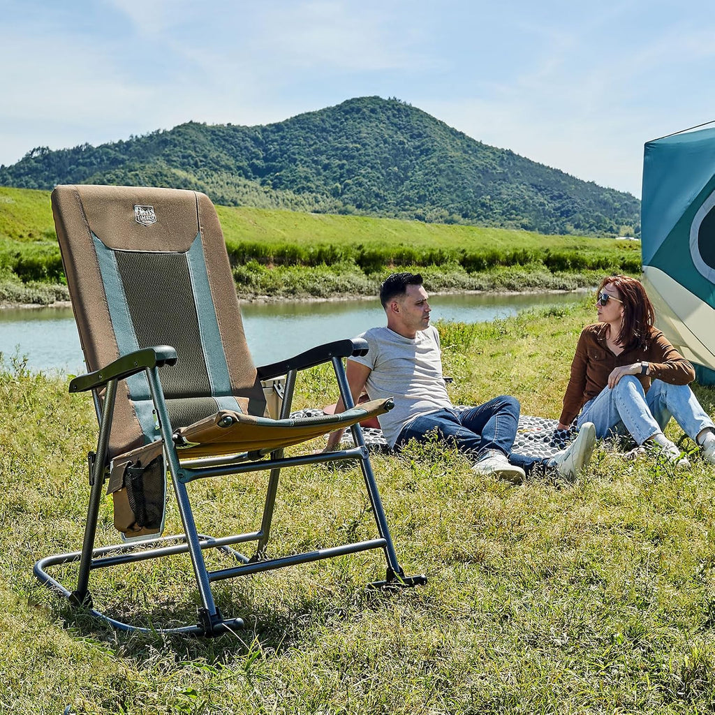 TIMBER RIDGE Outdoor Folding Rocking Chair, 29" Padded High Back Neck & Back Support, Hard Armrests for Easy Stand Up, Stable Steel Frame Supports 300 lb, Quick Fold for Patio, Lawn & RV Camping,Brown
