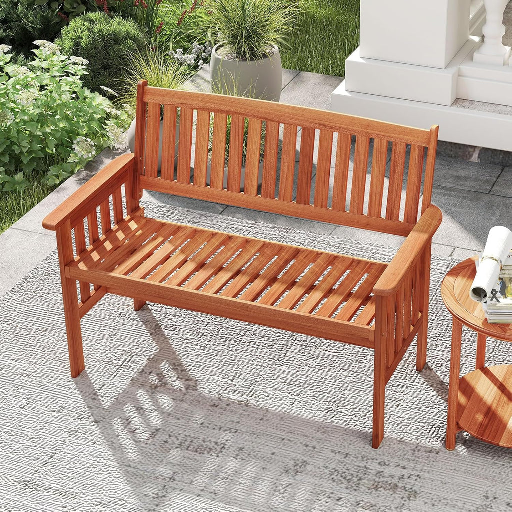 Tangkula Outdoor Wood Garden Bench, 2-Person Patio Park Bench with Backrest, Armrests and Slatted Seat, Outside Loveseat Furniture for Front Porch, Balcony, Deck and Yard