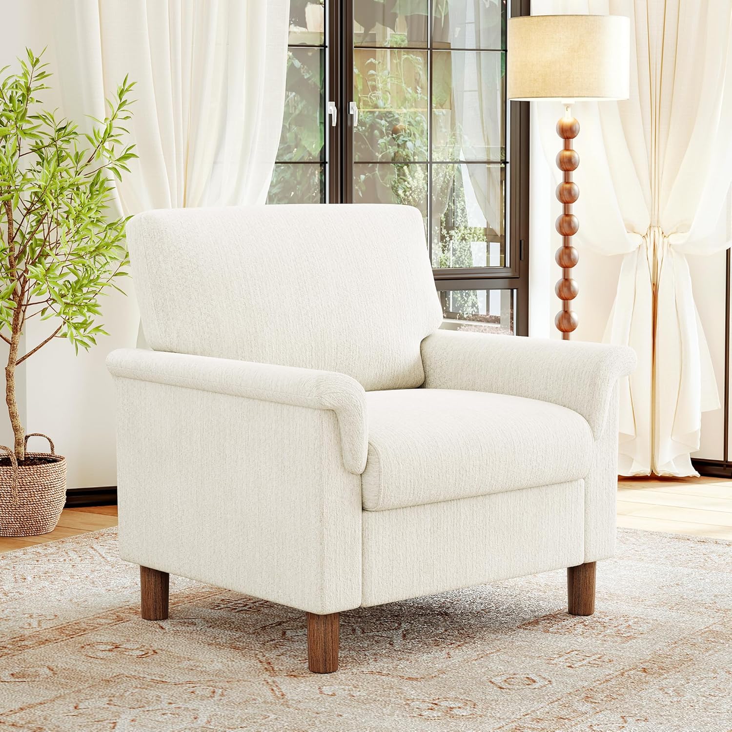 Mid Century Modern Accent Chair,Chenille Comfy Living Room Arm Chairs,Bedroom Reading Chair with Widen Arm Rest,Cozy Single Sofa Corner Side Chair,Easy Assembly Required,Beige